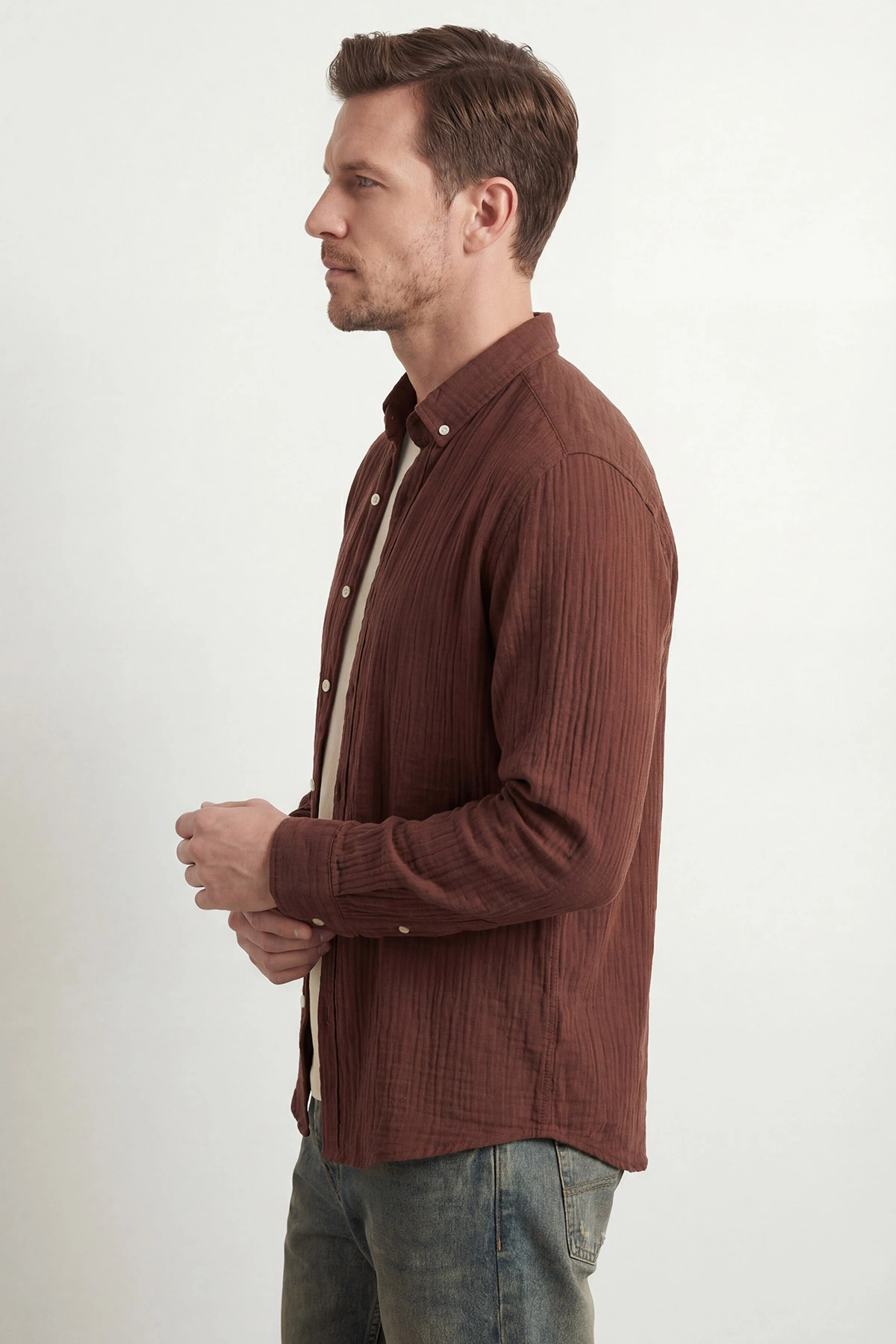 Kahverengi Relaxed Fit Müslin Keten Ata Yaka Erkek Gömlek 435750