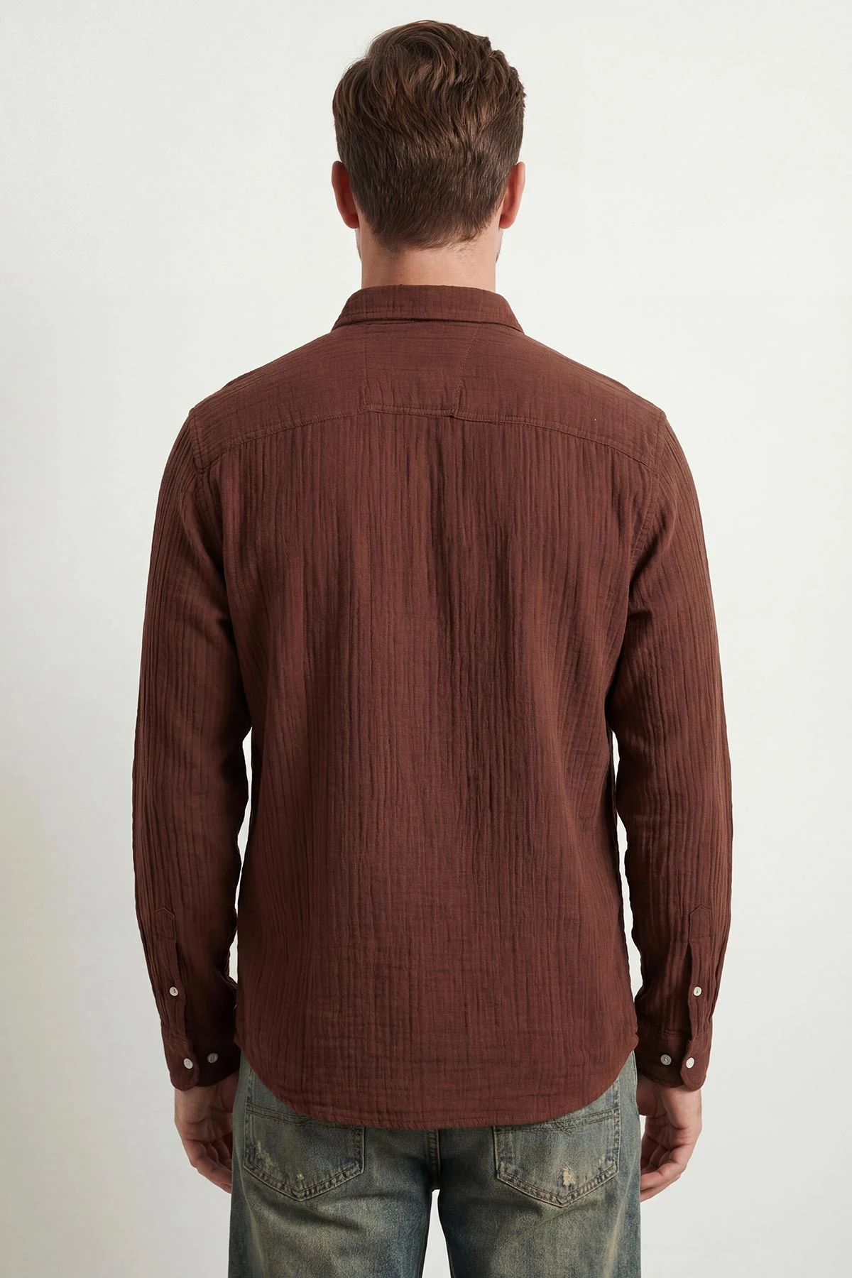 Kahverengi Relaxed Fit Müslin Keten Ata Yaka Erkek Gömlek 435750
