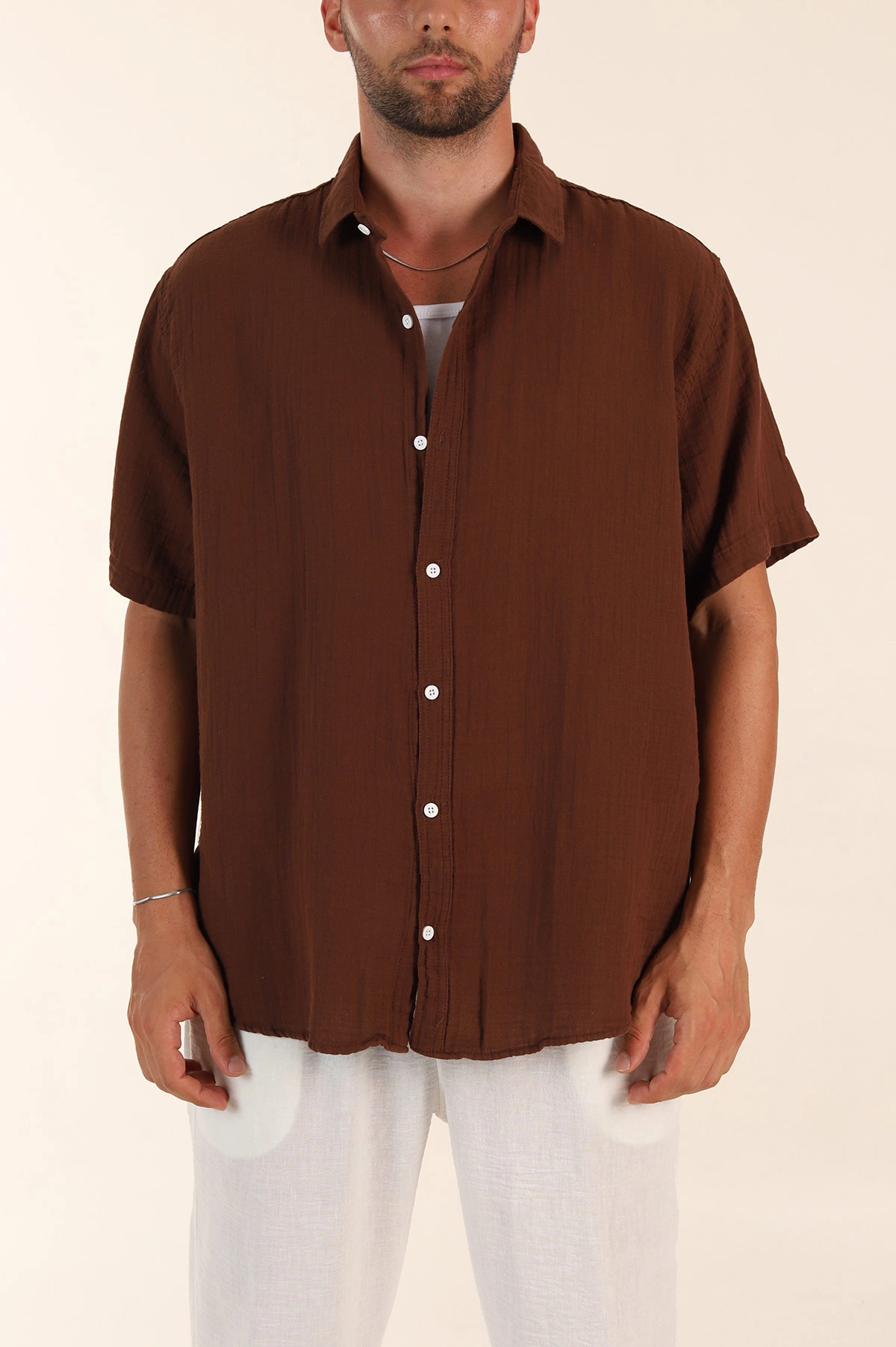 Kahverengi Relaxed Fit Müslin Keten Kısa Kollu Erkek Gömlek 376946