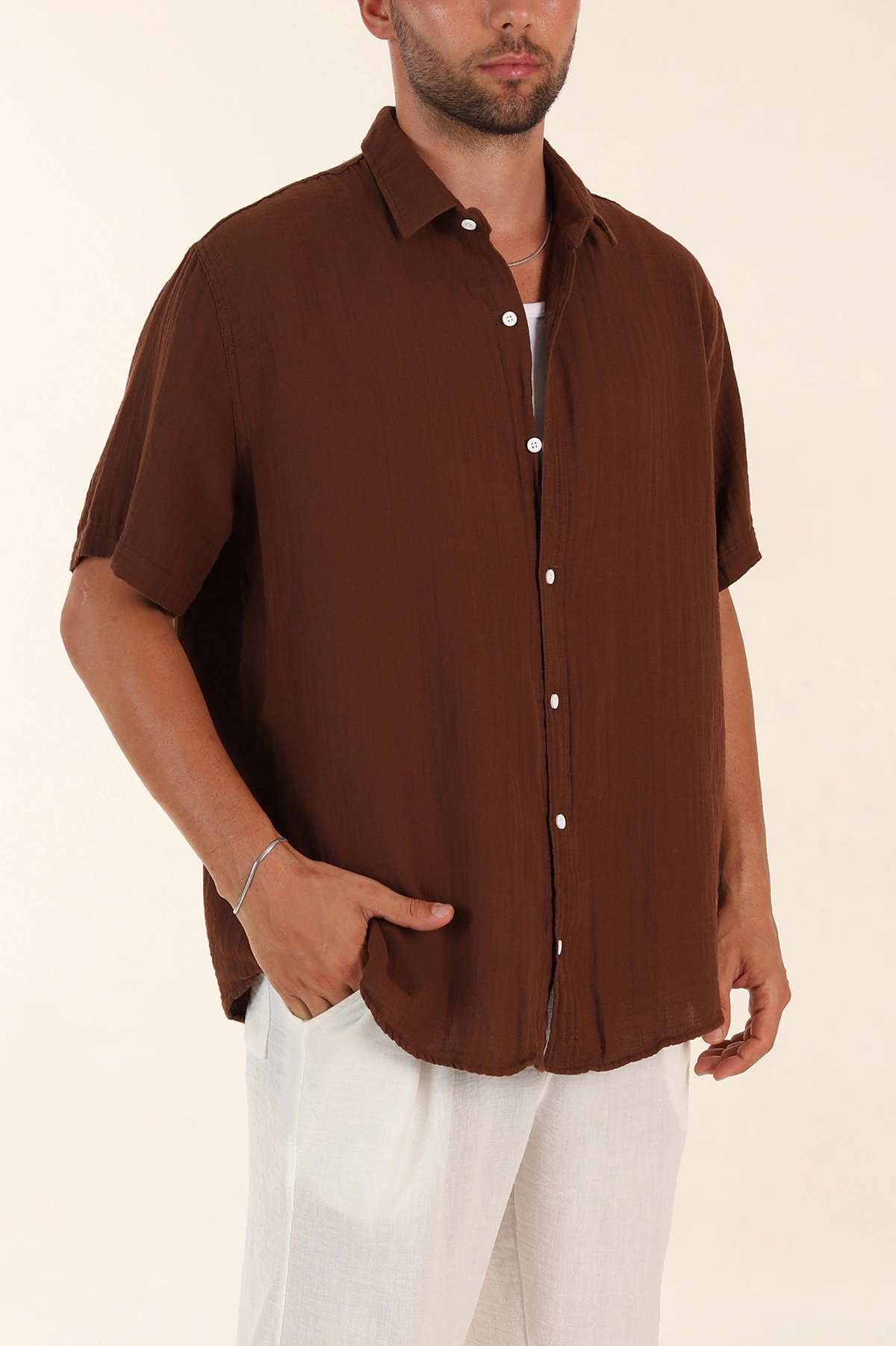 Kahverengi Relaxed Fit Müslin Keten Kısa Kollu Erkek Gömlek 376946