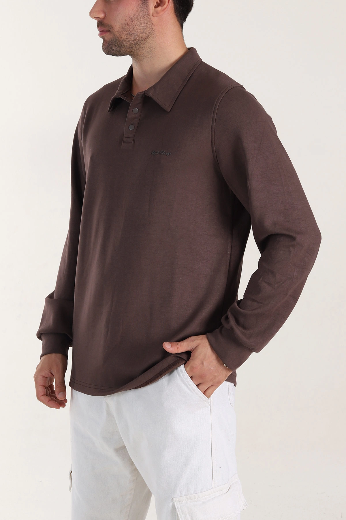 Kahverengi Relaxed Fit Oysho Kumaş Düğmeli Polo Yaka Erkek Sweatshirt 399523