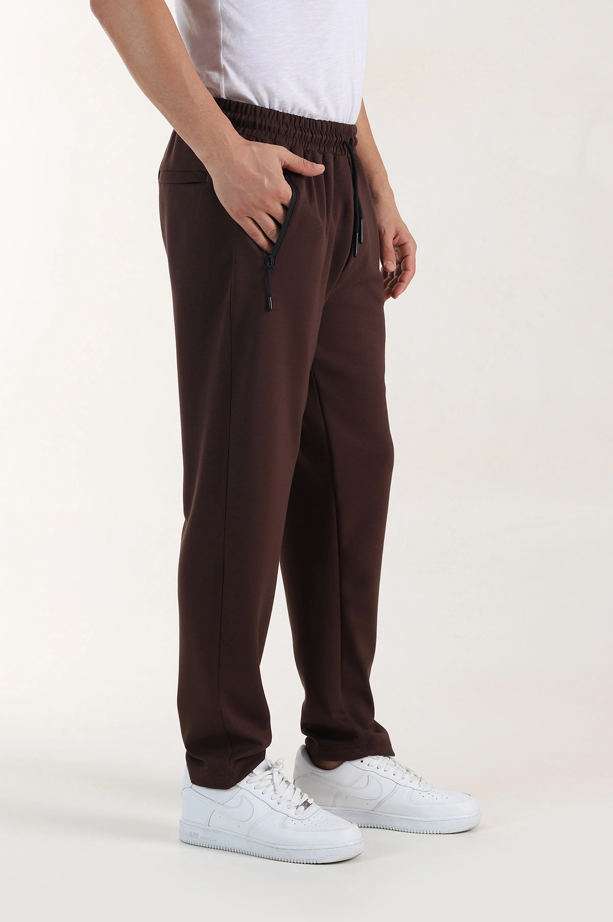 Kahverengi Relaxed Fit Oysho Kumaş Fermuarlı Cepli Erkek Eşofman Altı 412724