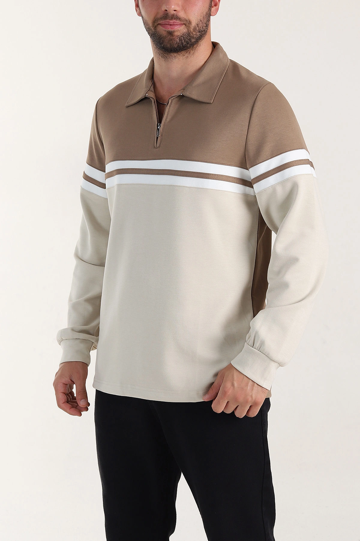Kahverengi Relaxed Fit Oysho Kumaş Fermuarlı Polo Yaka Sweatshirt 399550