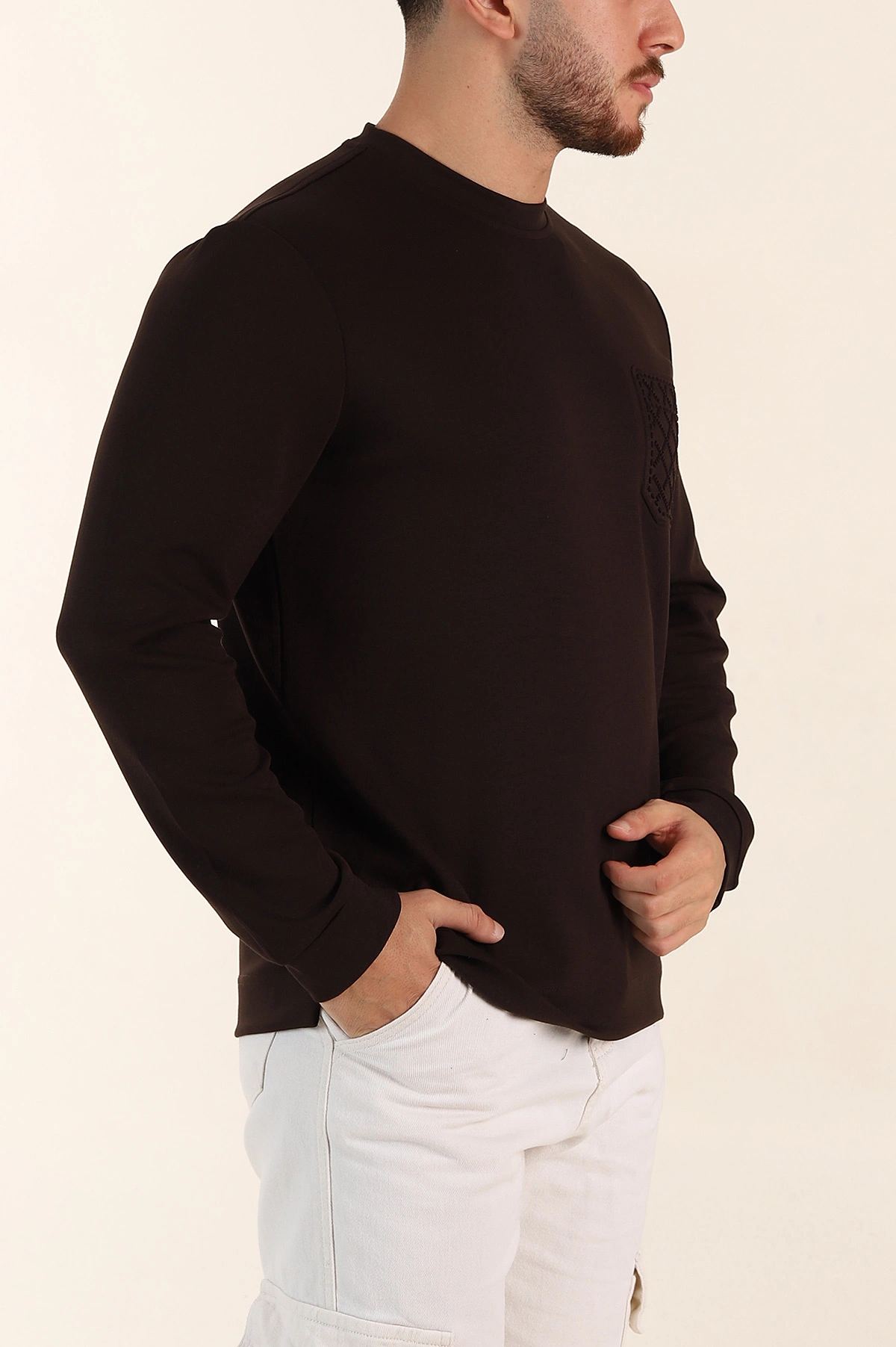 Kahverengi Relaxed Fit Oysho Kumaş Kabartma Detaylı Erkek Sweatshirt 393281
