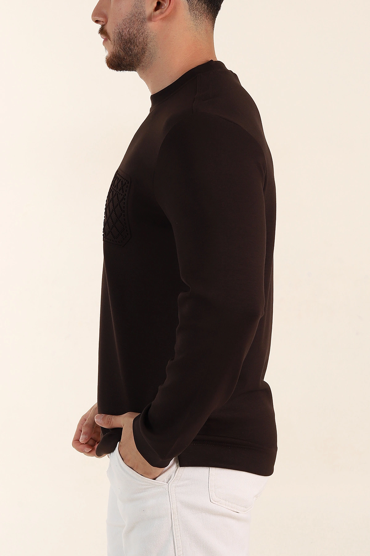 Kahverengi Relaxed Fit Oysho Kumaş Kabartma Detaylı Erkek Sweatshirt 393281