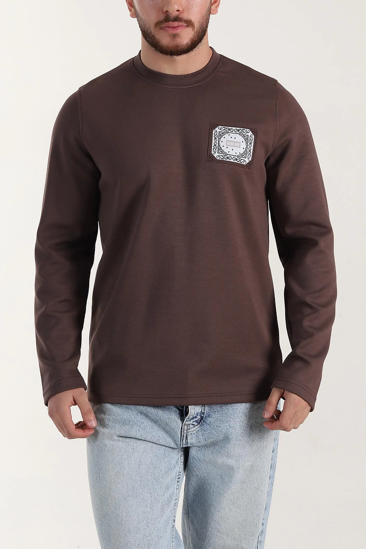 Kahverengi Relaxed Fit Oysho Kumaş Kabartma Detaylı Erkek Sweatshirt 399527