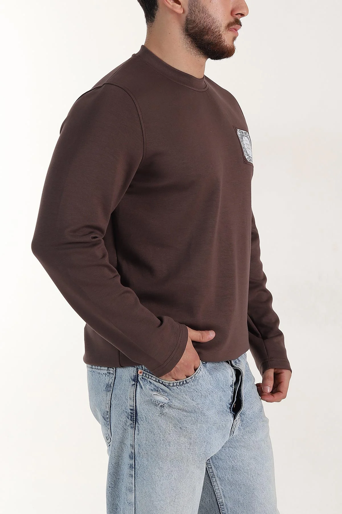 Kahverengi Relaxed Fit Oysho Kumaş Kabartma Detaylı Erkek Sweatshirt 399527