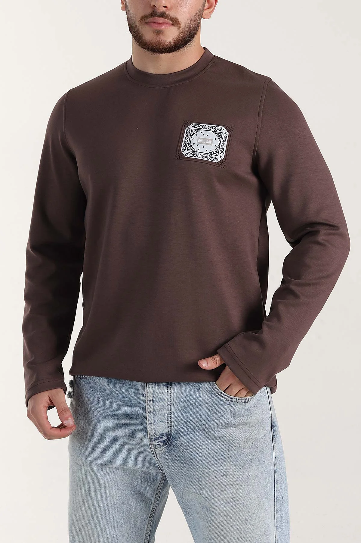 Kahverengi Relaxed Fit Oysho Kumaş Kabartma Detaylı Erkek Sweatshirt 399527