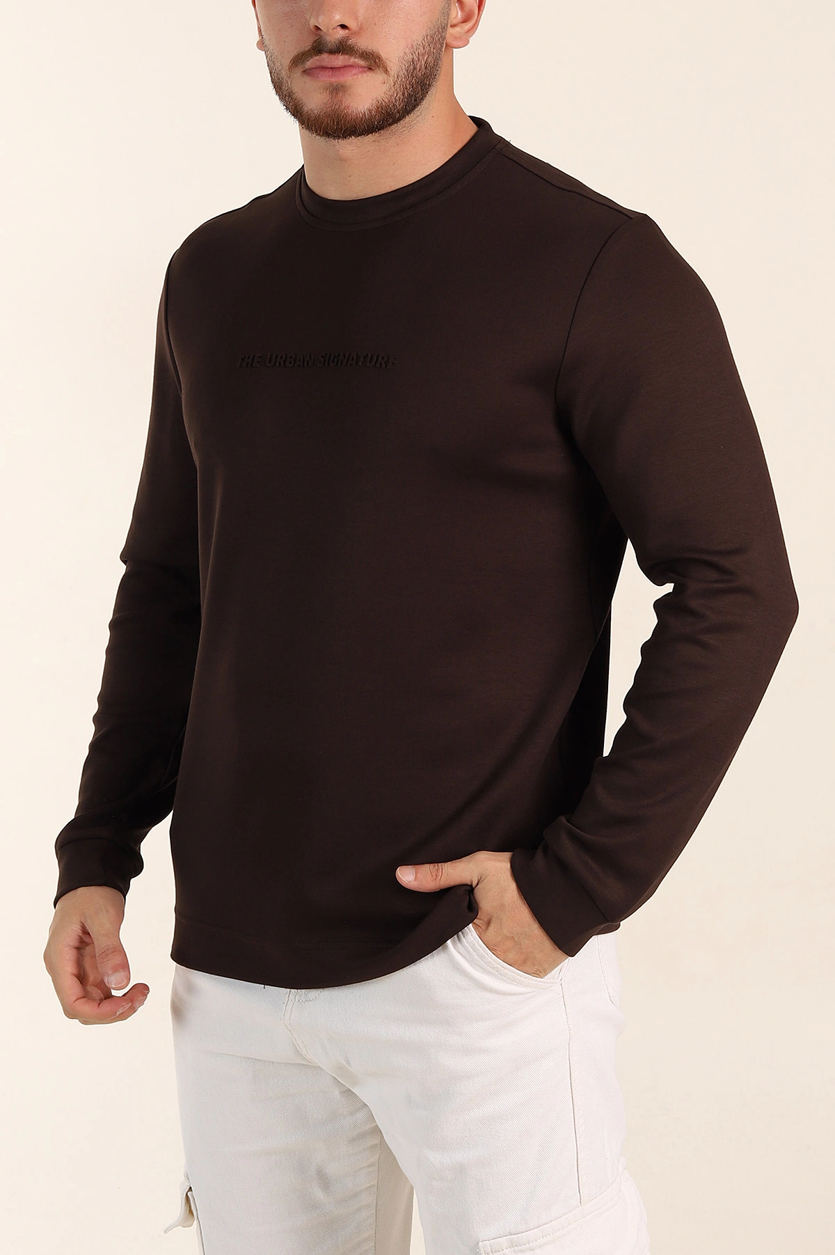 Kahverengi Relaxed Fit Oysho Kumaş Kabartma Yazılı Erkek Sweatshirt 393293