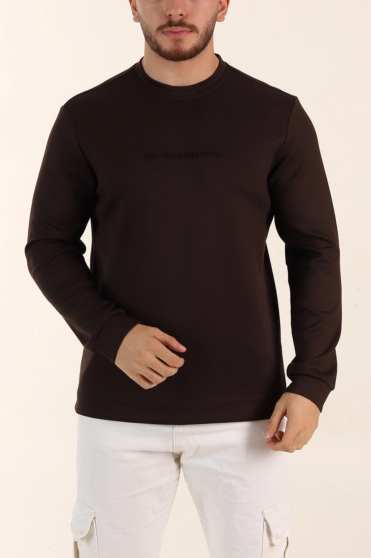 Kahverengi Relaxed Fit Oysho Kumaş Kabartma Yazılı Erkek Sweatshirt 393293