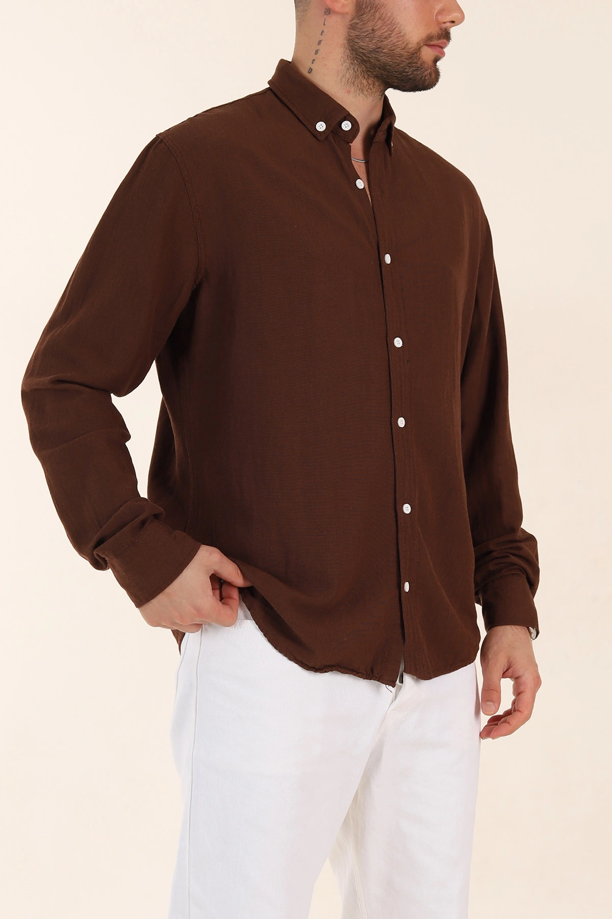 Kahverengi Relaxed Fit Pamuk Ata Yaka Erkek Gömlek 363816