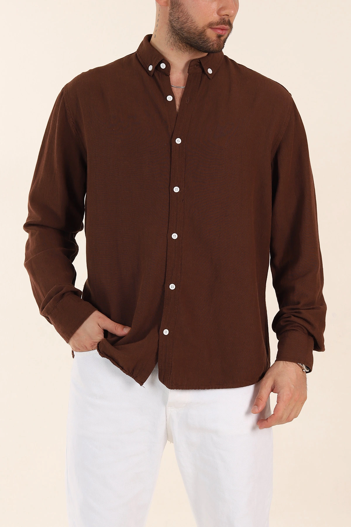 Kahverengi Relaxed Fit Pamuk Ata Yaka Erkek Gömlek 363816