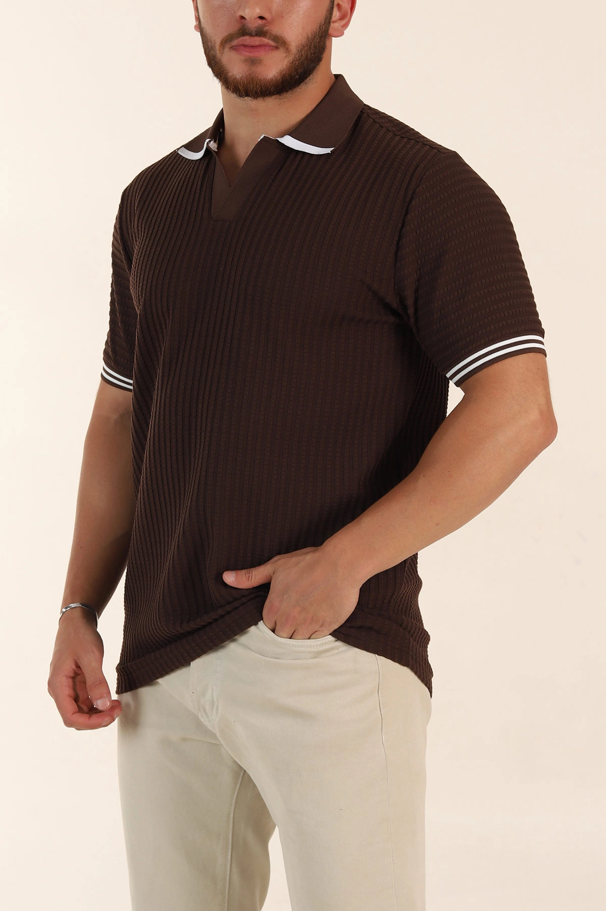 Kahverengi Relaxed Fit Petek Dokulu Patlı Polo Yaka Erkek Tişört 370260