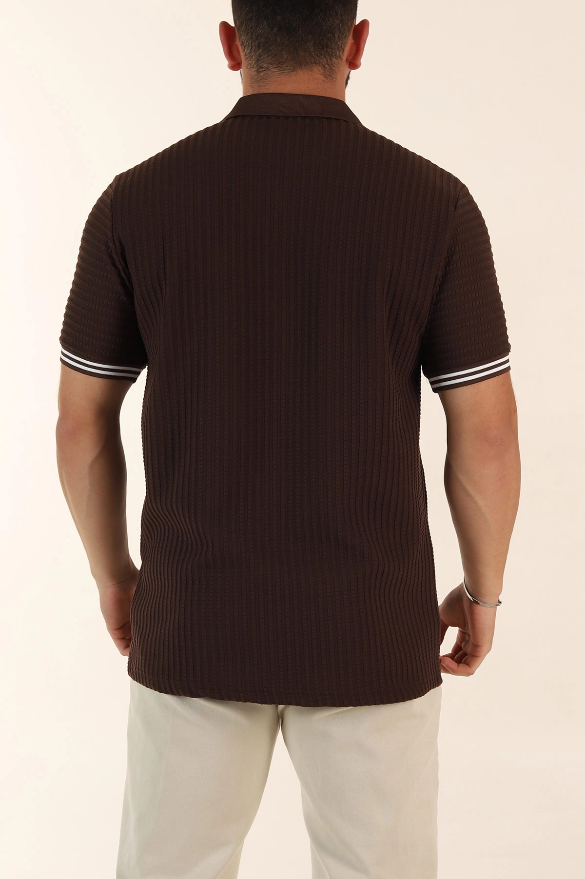 Kahverengi Relaxed Fit Petek Dokulu Patlı Polo Yaka Erkek Tişört 370260