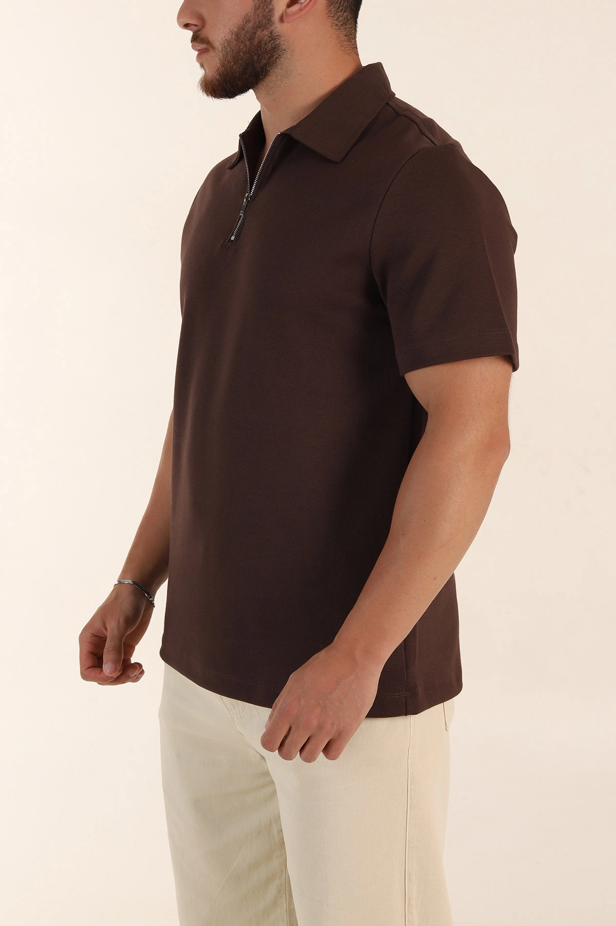 Kahverengi Relaxed Fit Pike Doku Fermuarlı Polo Yaka Erkek Tişört 368378