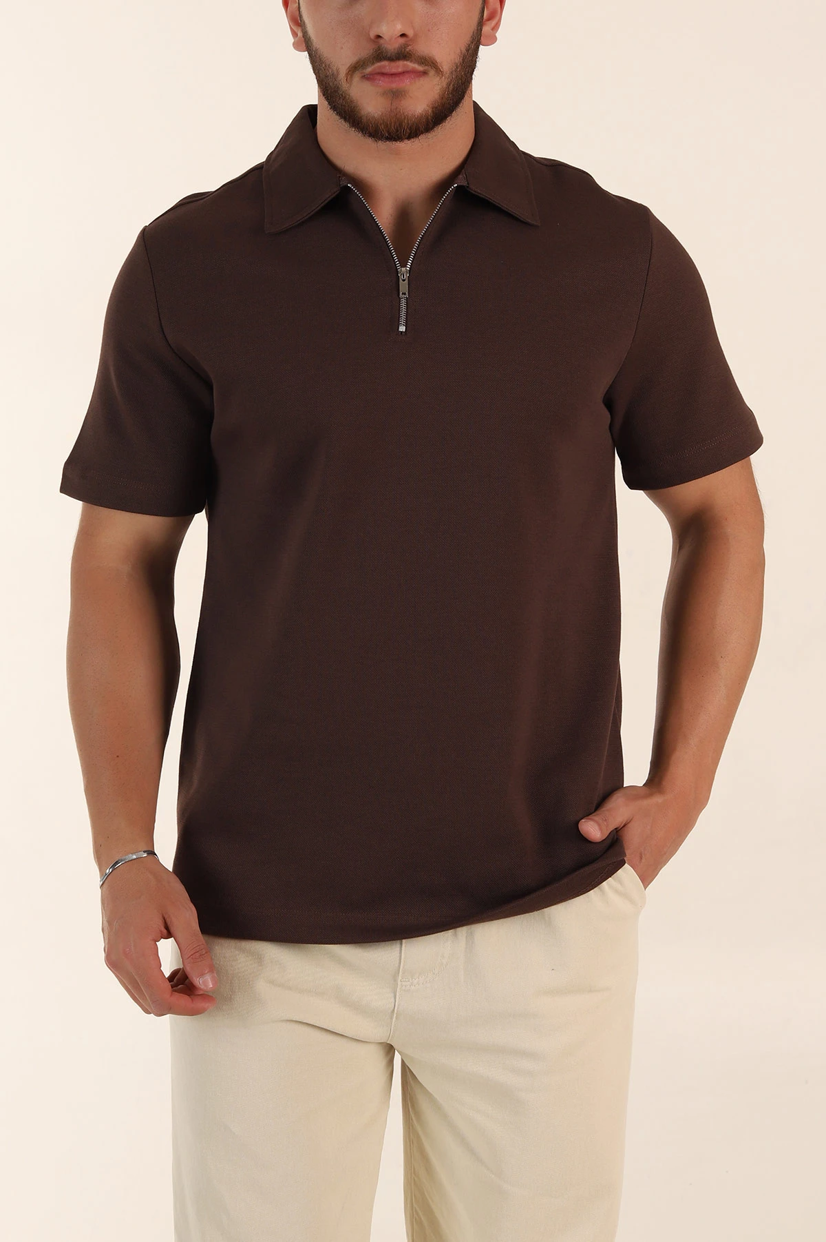 Kahverengi Relaxed Fit Pike Doku Fermuarlı Polo Yaka Erkek Tişört 368378