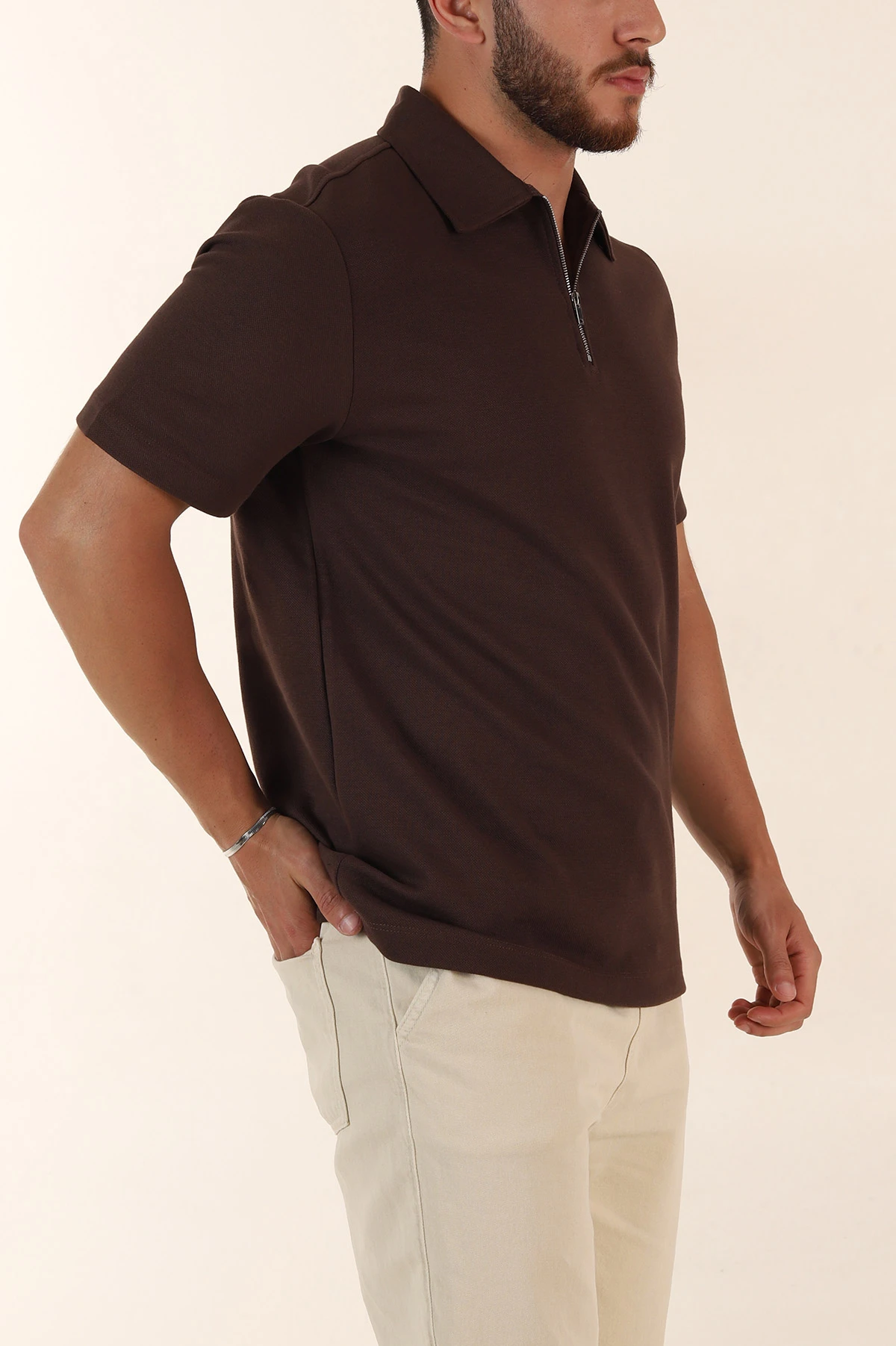 Kahverengi Relaxed Fit Pike Doku Fermuarlı Polo Yaka Erkek Tişört 368378