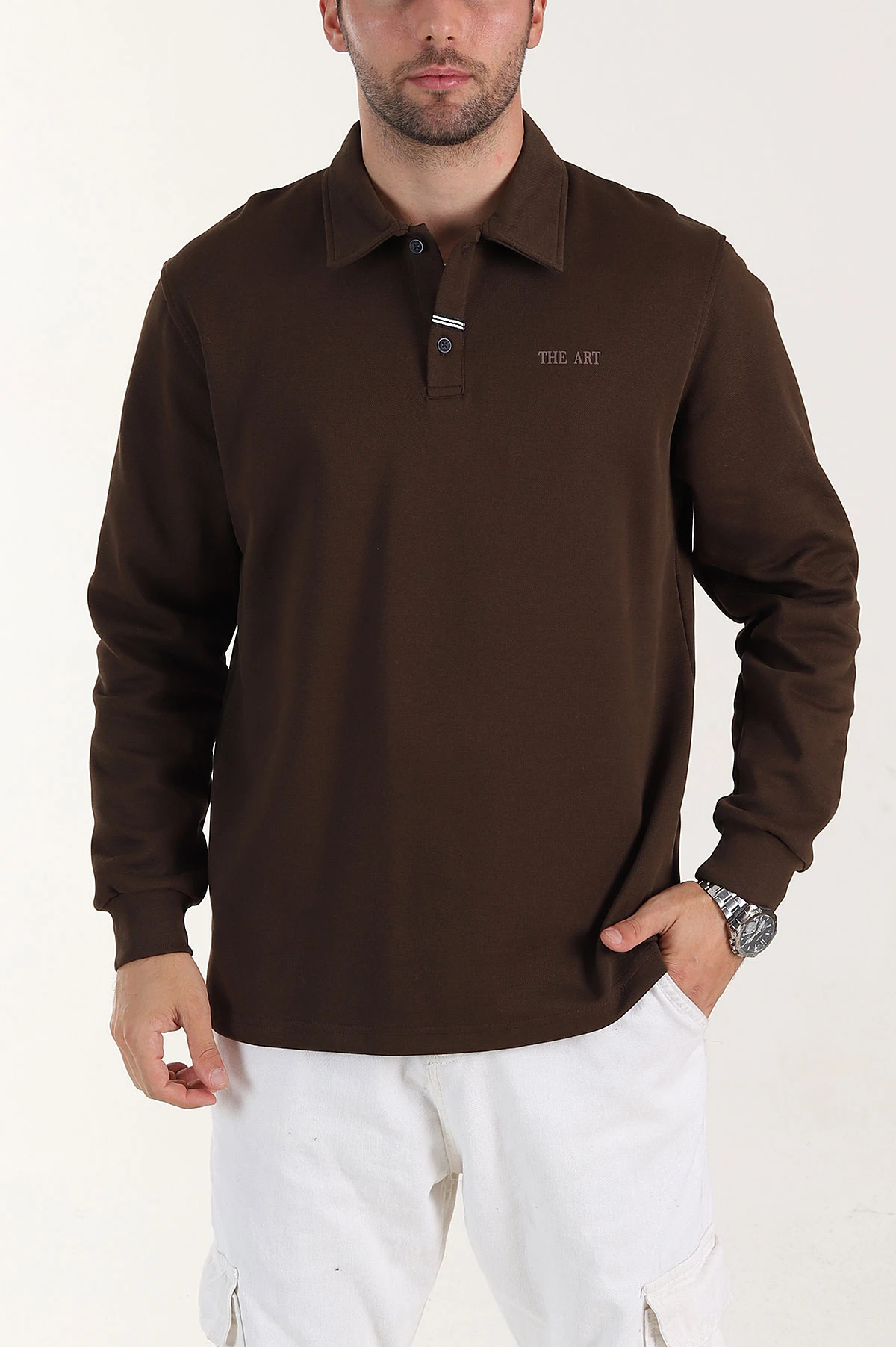 Kahverengi Relaxed Fit Pike Dokulu Düğmeli Polo Yaka Erkek Sweatshirt 400880