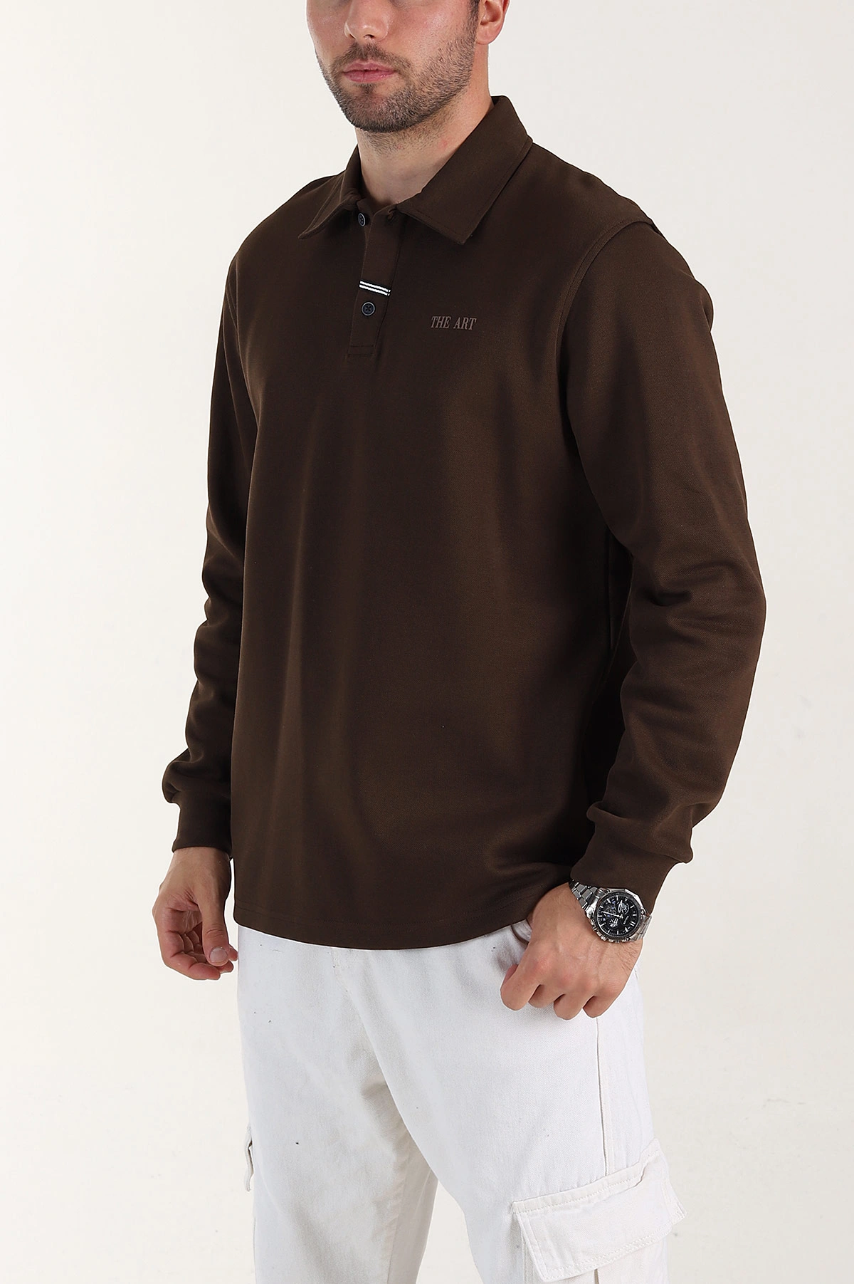 Kahverengi Relaxed Fit Pike Dokulu Düğmeli Polo Yaka Erkek Sweatshirt 400880