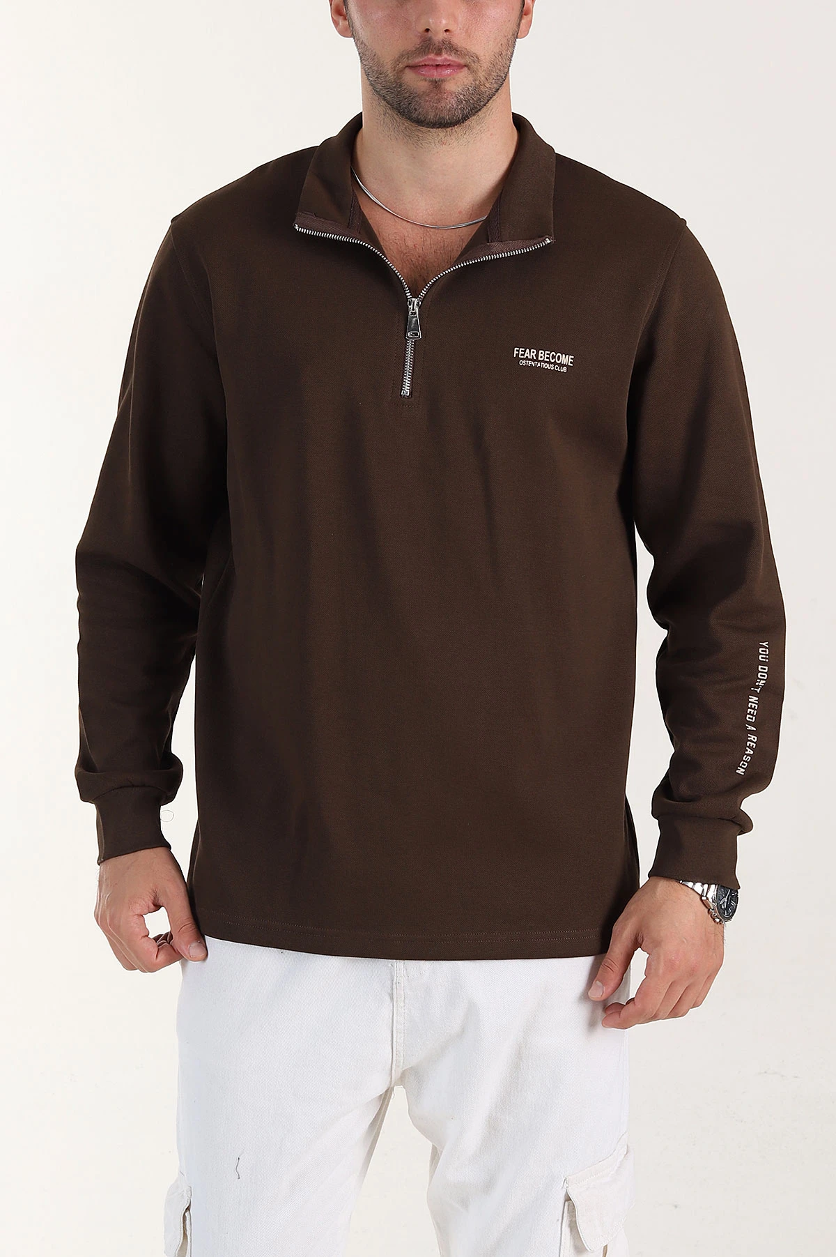 Kahverengi Relaxed Fit Pike Dokulu Yarım Fermuarlı Erkek Sweatshirt 400875