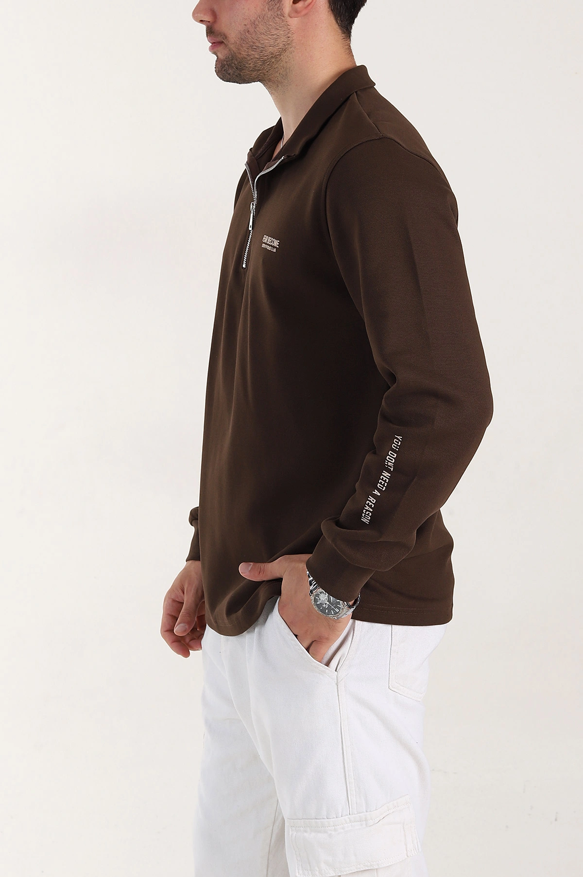 Kahverengi Relaxed Fit Pike Dokulu Yarım Fermuarlı Erkek Sweatshirt 400875