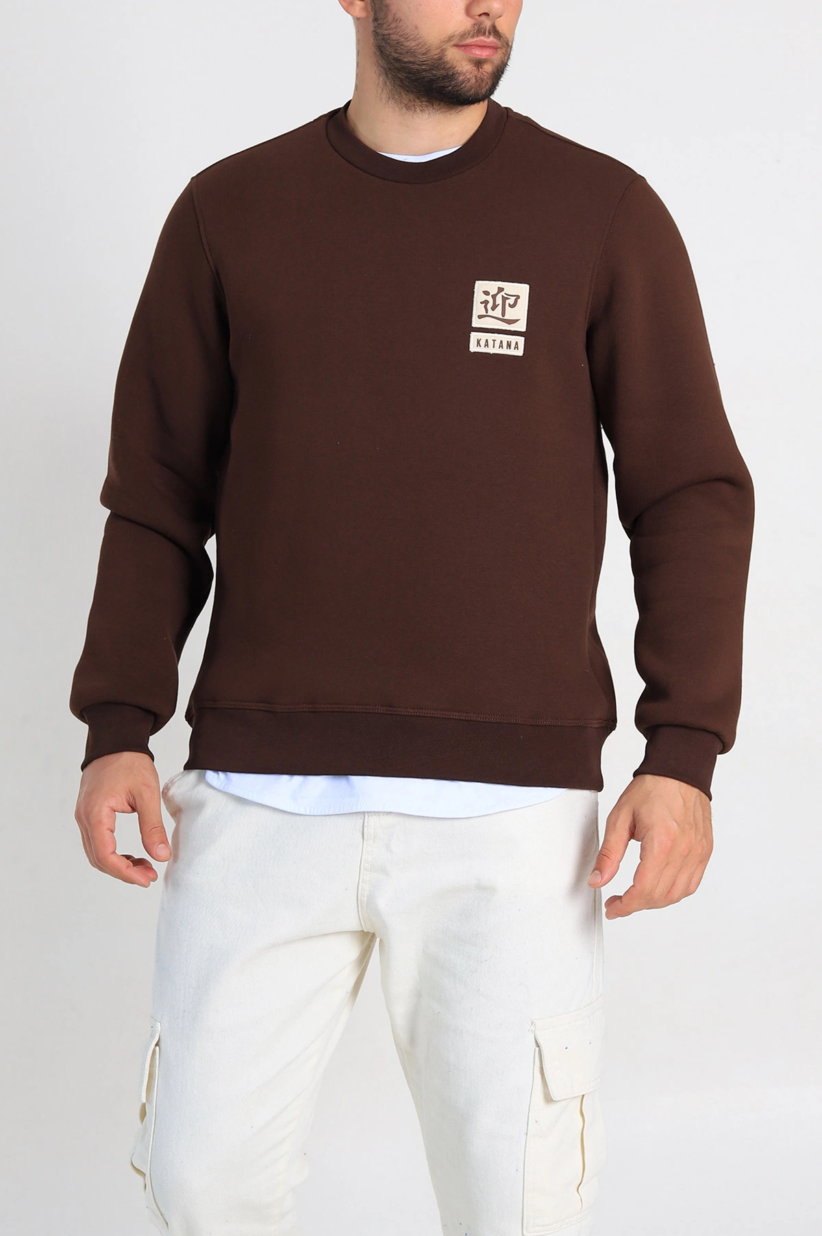 Kahverengi Relaxed Fit Üç İp Şardonlu Kabartma Detaylı Erkek Sweatshirt 309879