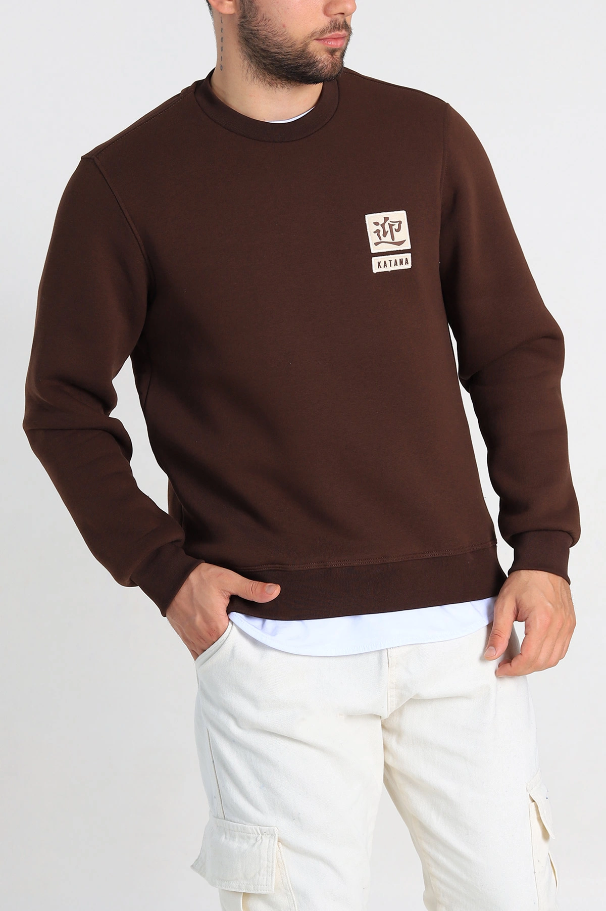 Kahverengi Relaxed Fit Üç İp Şardonlu Kabartma Detaylı Erkek Sweatshirt 309879