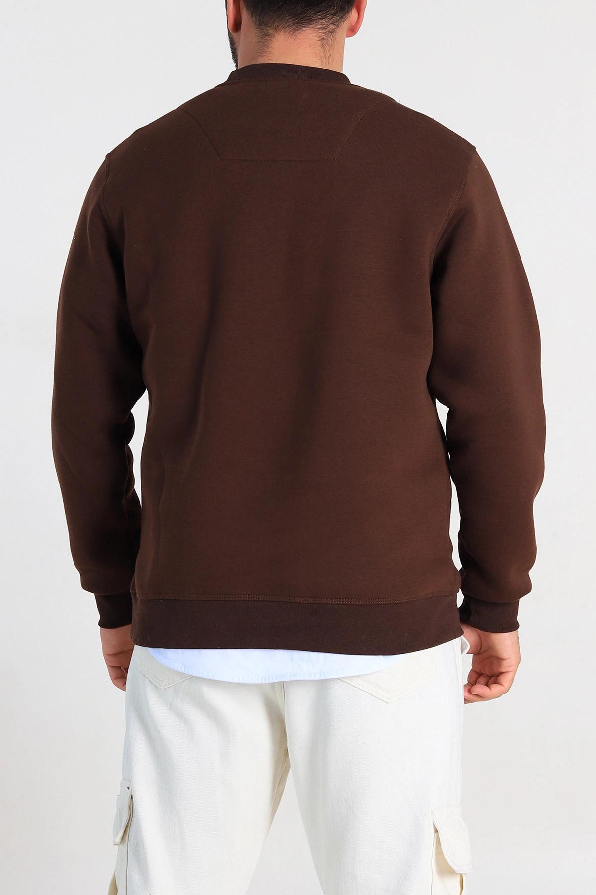 Kahverengi Relaxed Fit Üç İp Şardonlu Kabartma Detaylı Erkek Sweatshirt 309903