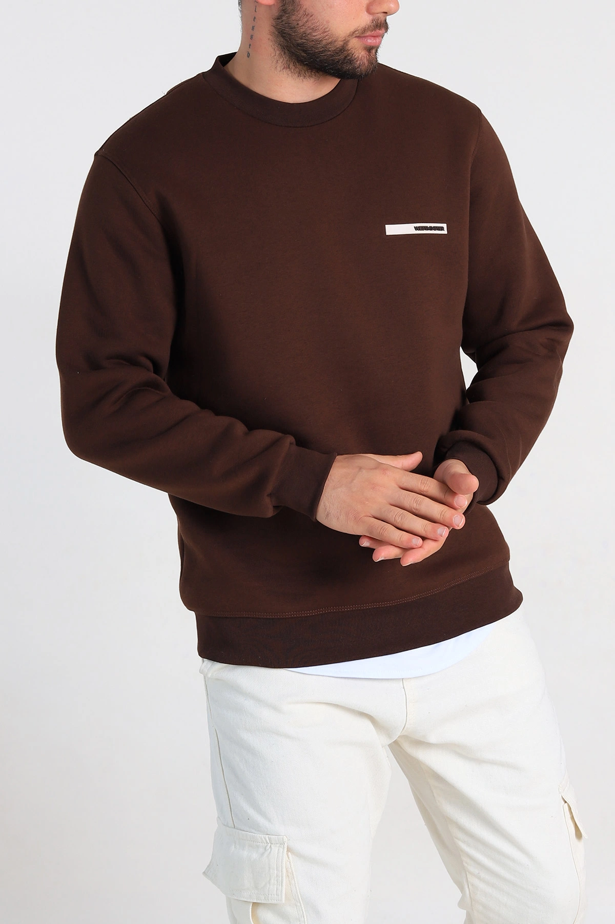 Kahverengi Relaxed Fit Üç İp Şardonlu Kabartma Detaylı Erkek Sweatshirt 309903