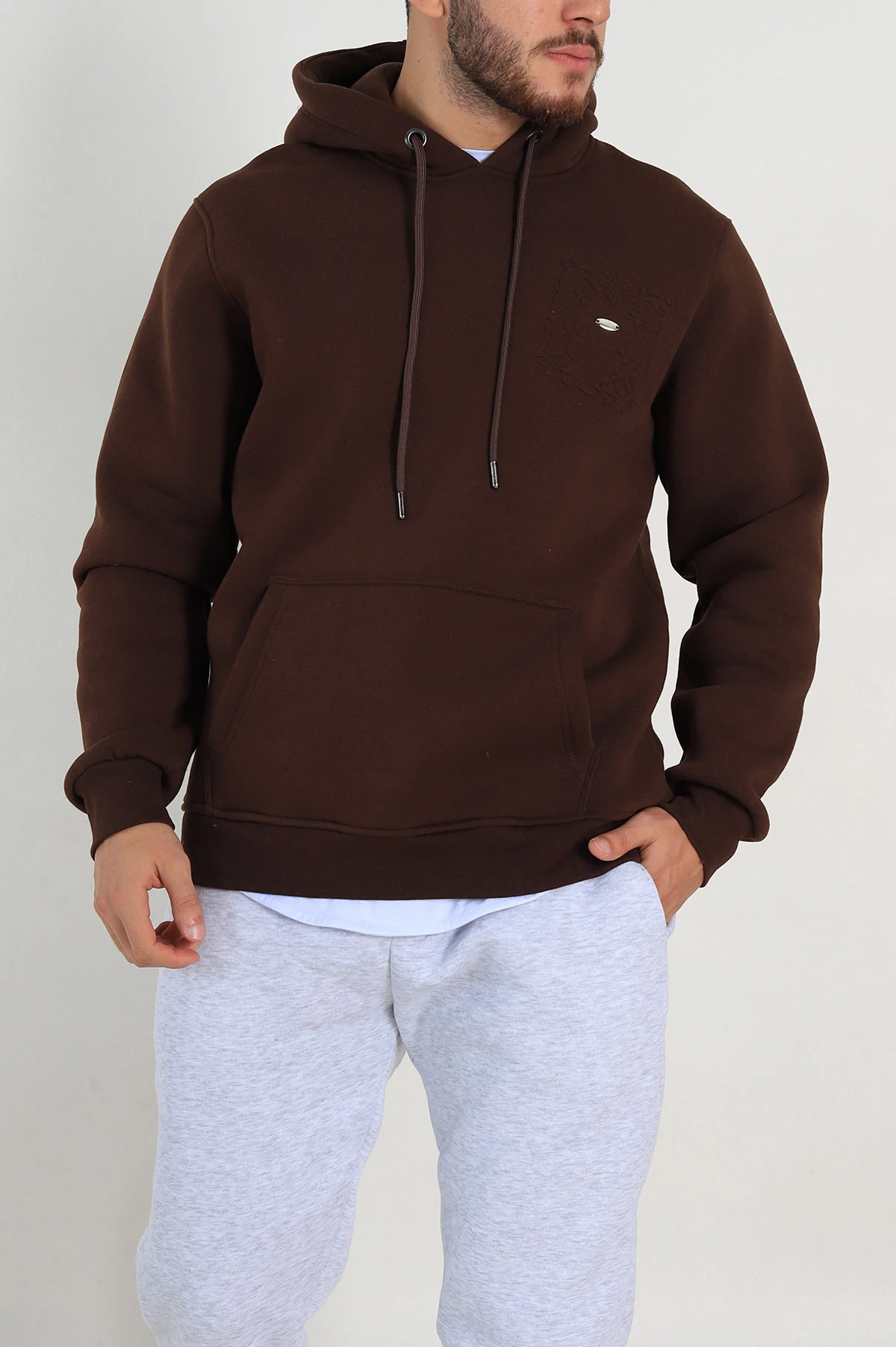 Kahverengi Relaxed Fit Üç İp Şardonlu Kabartma Detaylı Erkek Sweatshirt 311127