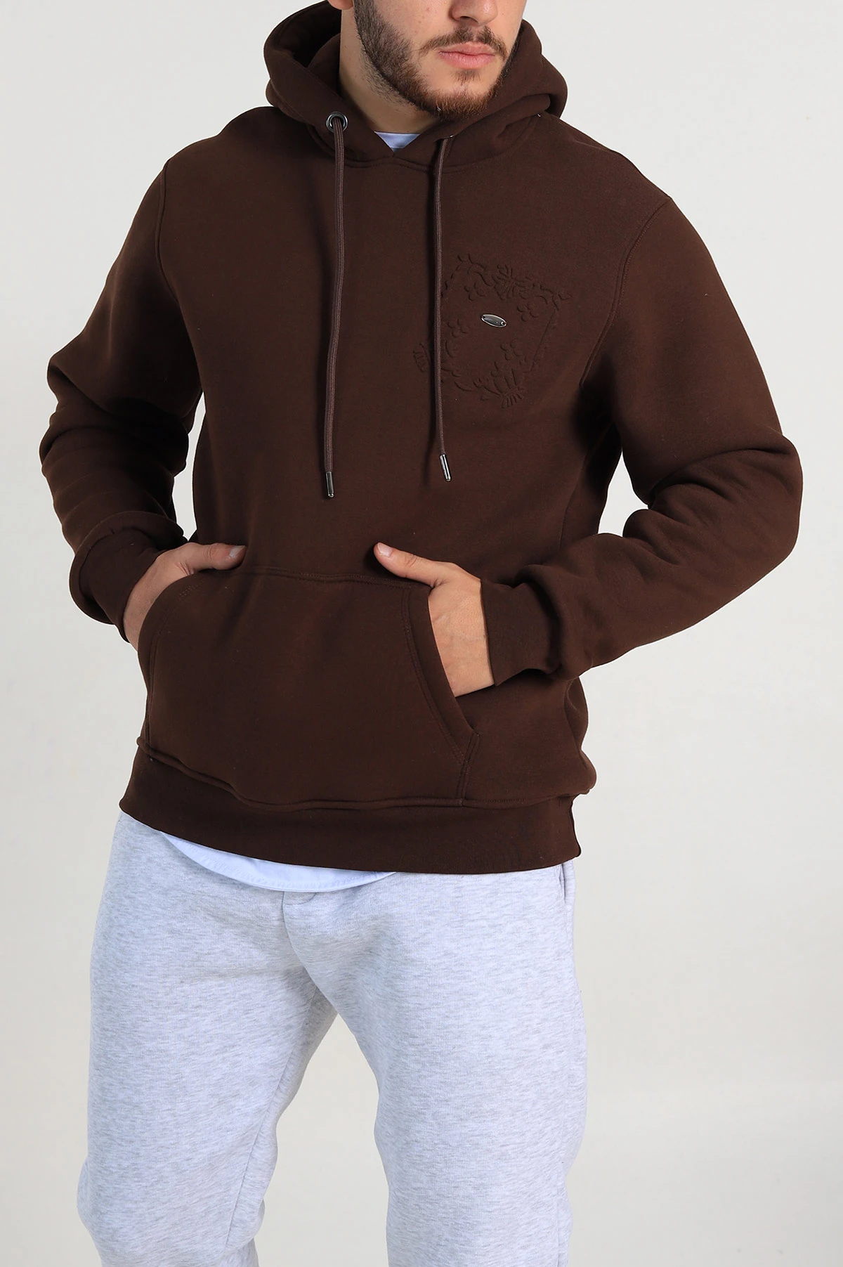 Kahverengi Relaxed Fit Üç İp Şardonlu Kabartma Detaylı Erkek Sweatshirt 311127