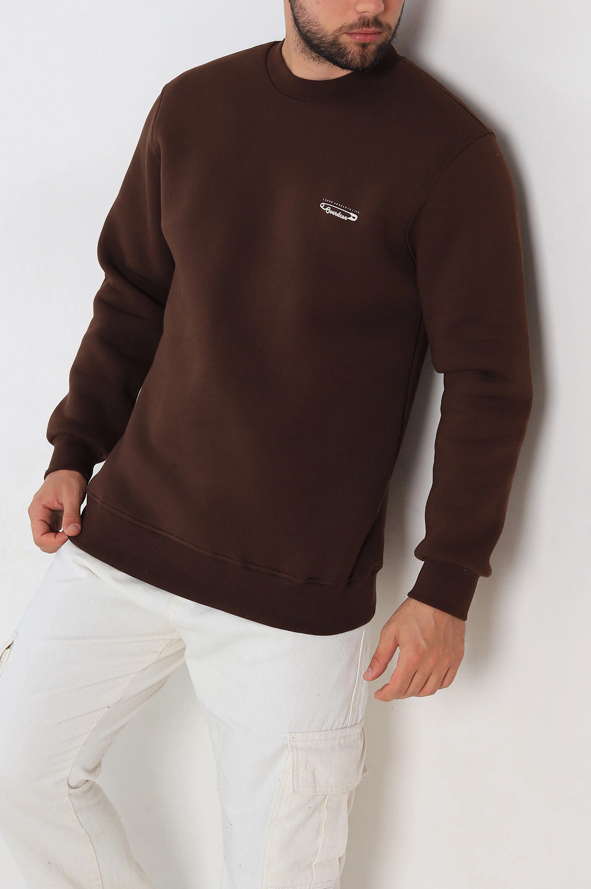 Kahverengi Relaxed Fit Üç İp Şardonlu Kabartma Yazı Detay Erkek Sweatshirt 310409