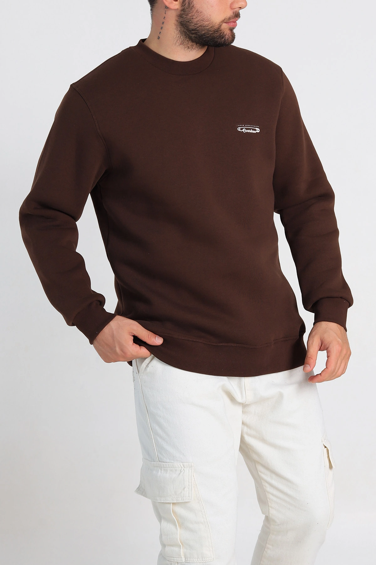 Kahverengi Relaxed Fit Üç İp Şardonlu Kabartma Yazı Detay Erkek Sweatshirt 310409