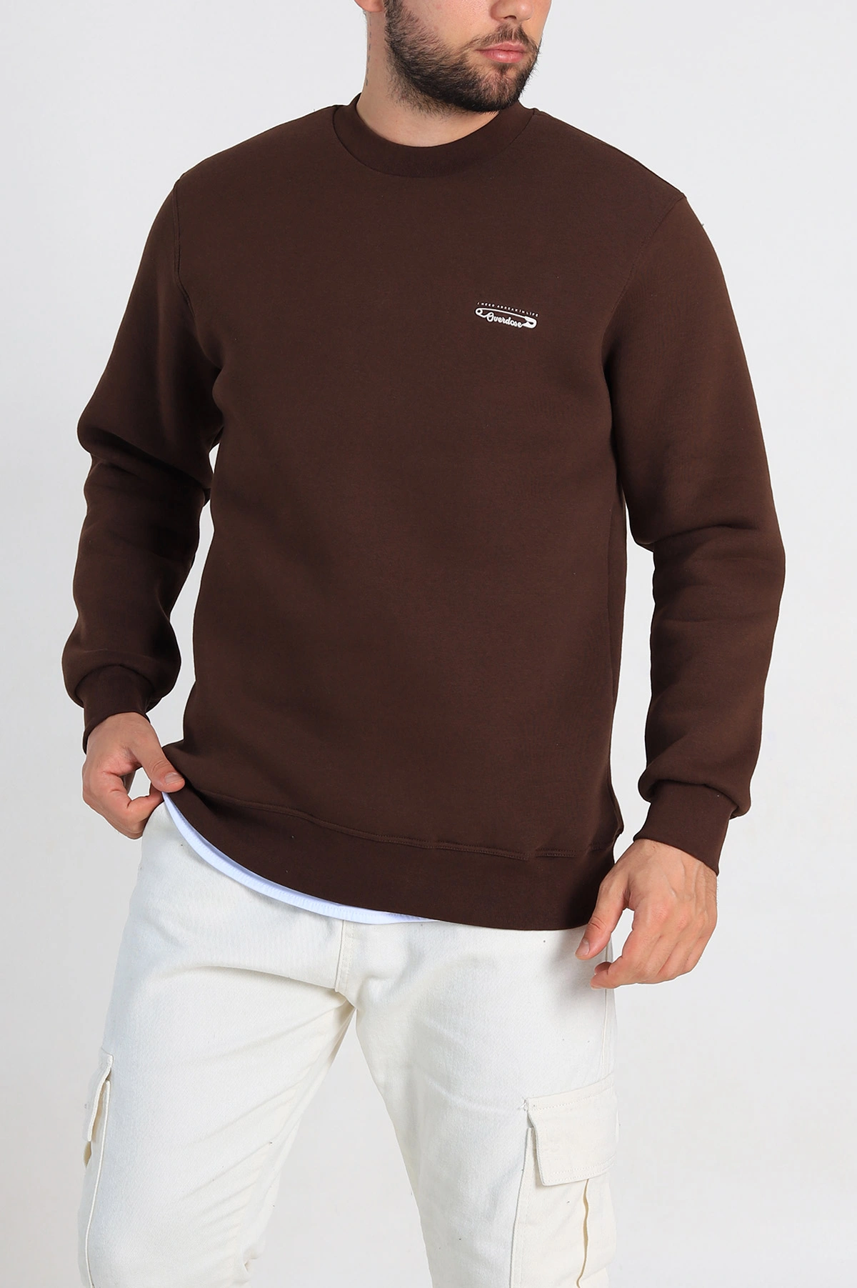 Kahverengi Relaxed Fit Üç İp Şardonlu Kabartma Yazı Detay Erkek Sweatshirt 310409