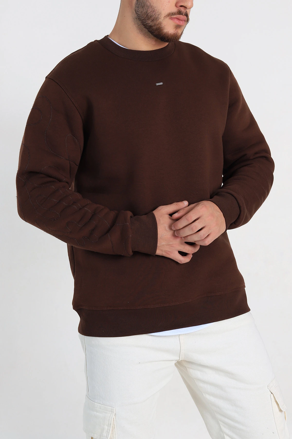 Kahverengi Relaxed Fit Üç İp Şardonlu Kol Detaylı Erkek Sweatshirt 309955