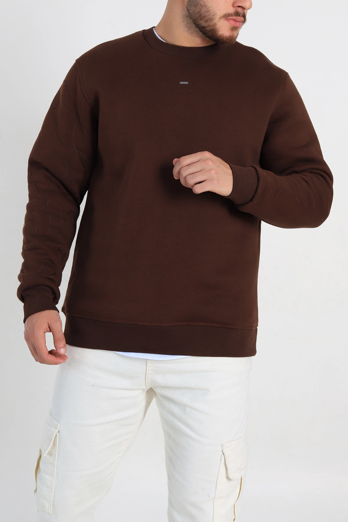 Kahverengi Relaxed Fit Üç İp Şardonlu Kol Detaylı Erkek Sweatshirt 309955