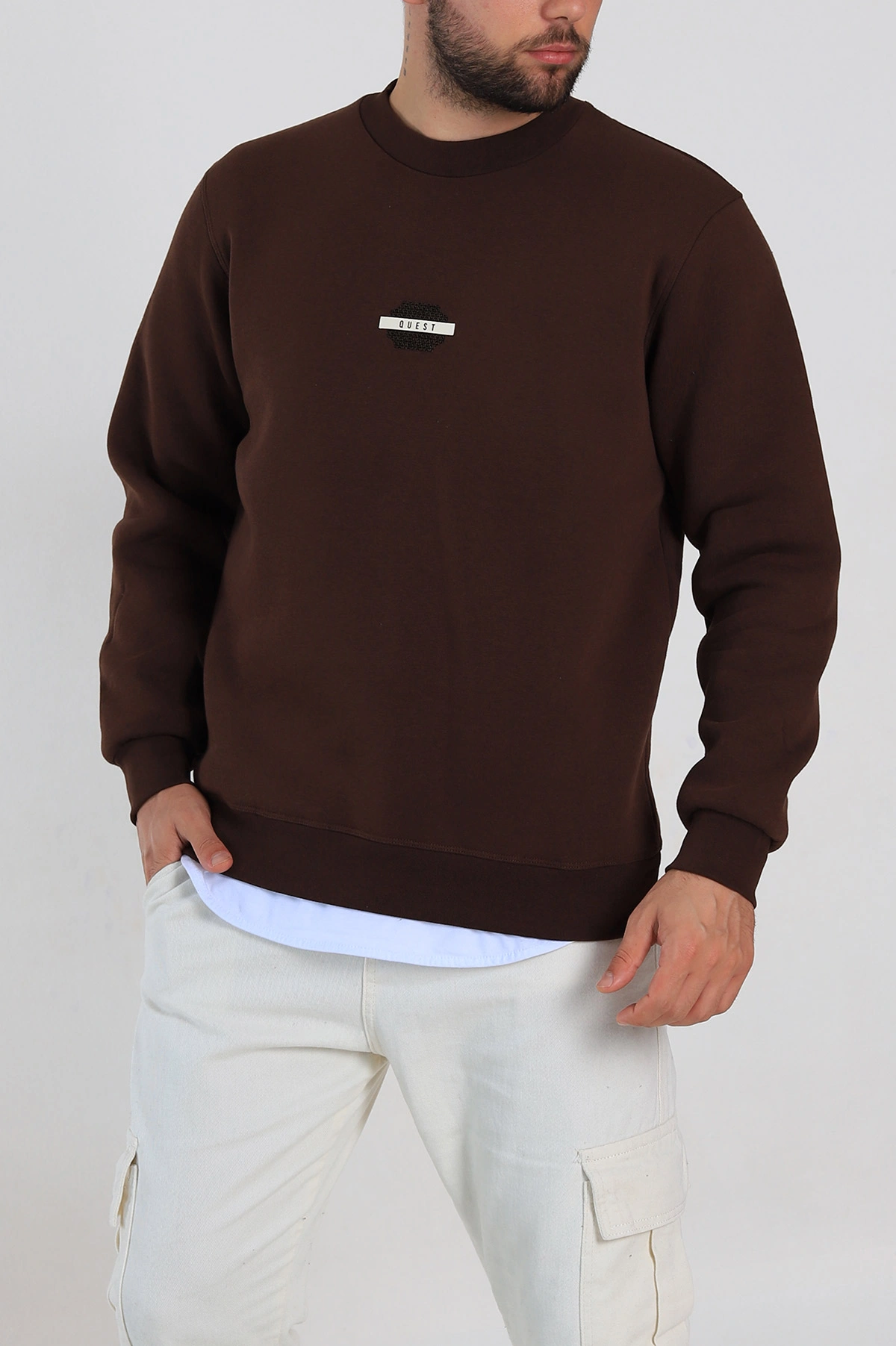 Kahverengi Relaxed Fit Üç İp Şardonlu Logo Detaylı Erkek Sweatshirt 309857