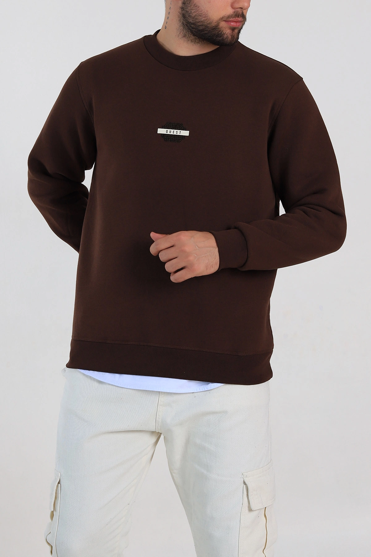 Kahverengi Relaxed Fit Üç İp Şardonlu Logo Detaylı Erkek Sweatshirt 309857