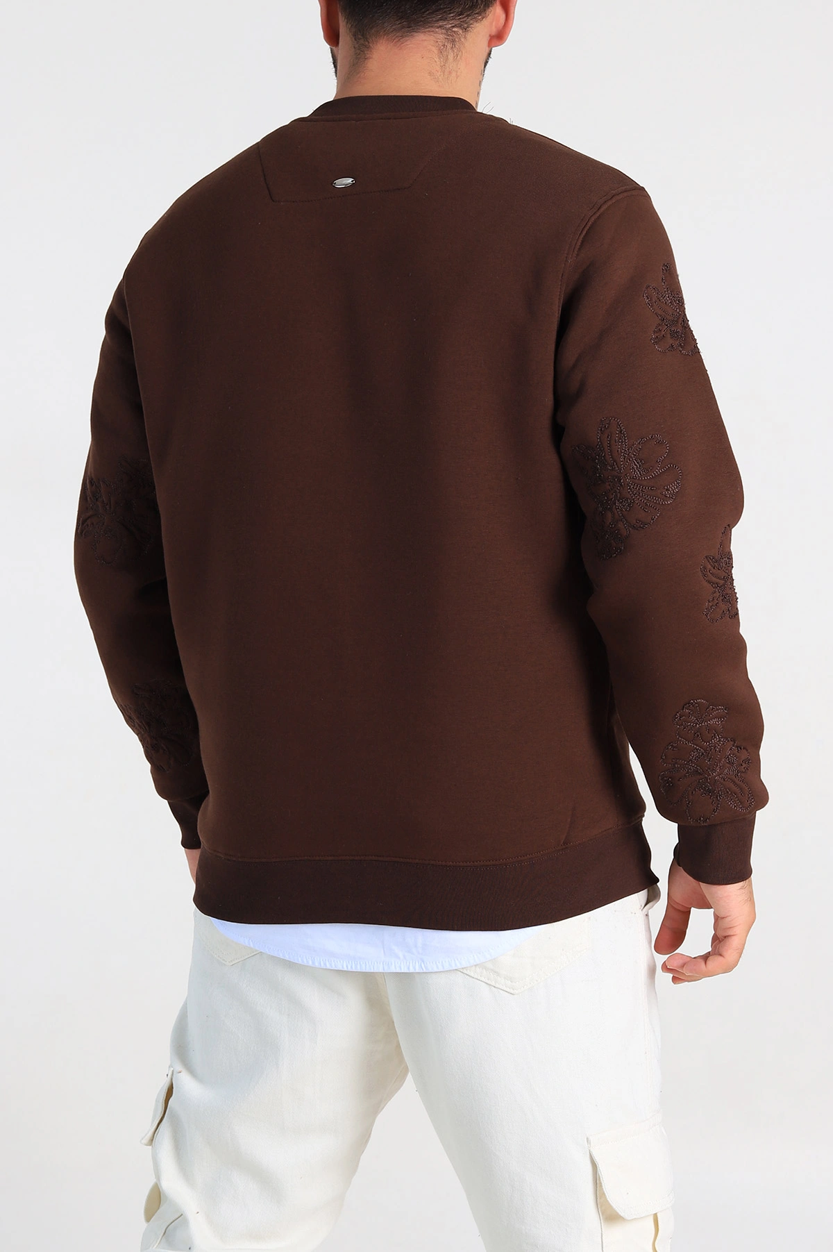 Kahverengi Relaxed Fit Üç İp Şardonlu Nakış Detaylı Erkek Sweatshirt 311185