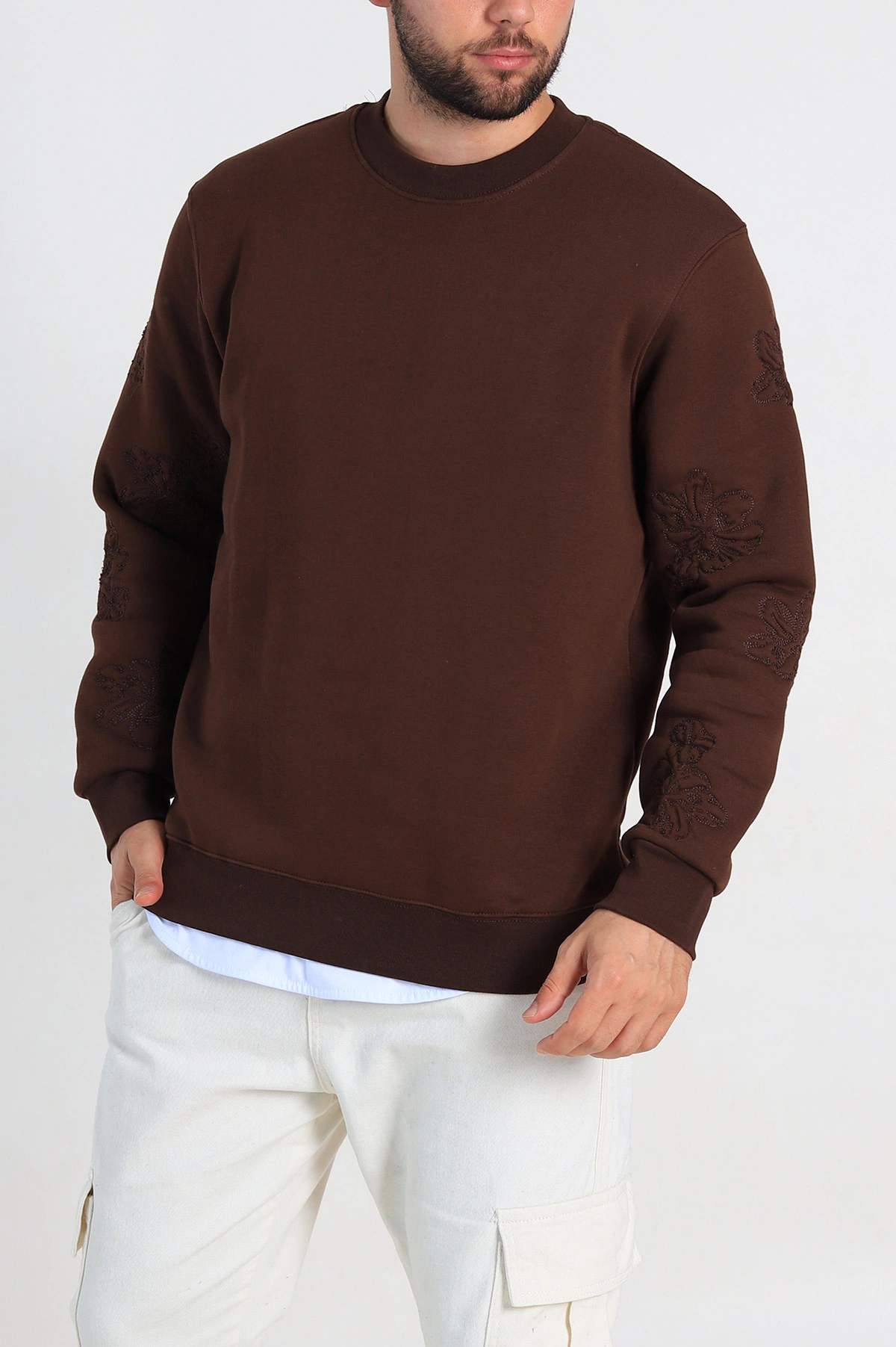 Kahverengi Relaxed Fit Üç İp Şardonlu Nakış Detaylı Erkek Sweatshirt 311185