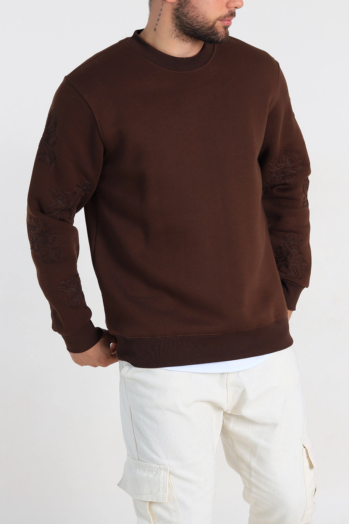 Kahverengi Relaxed Fit Üç İp Şardonlu Nakış Detaylı Erkek Sweatshirt 311185