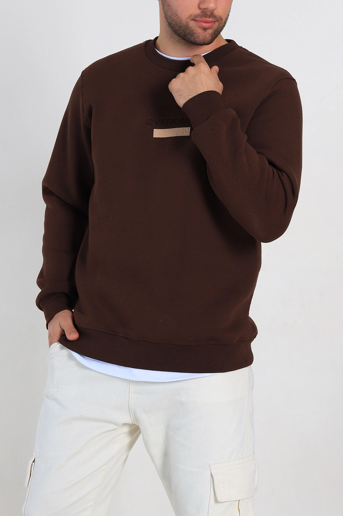 Kahverengi Relaxed Fit Üç İp Şardonlu Yazı Detaylı Erkek Sweatshirt 310487