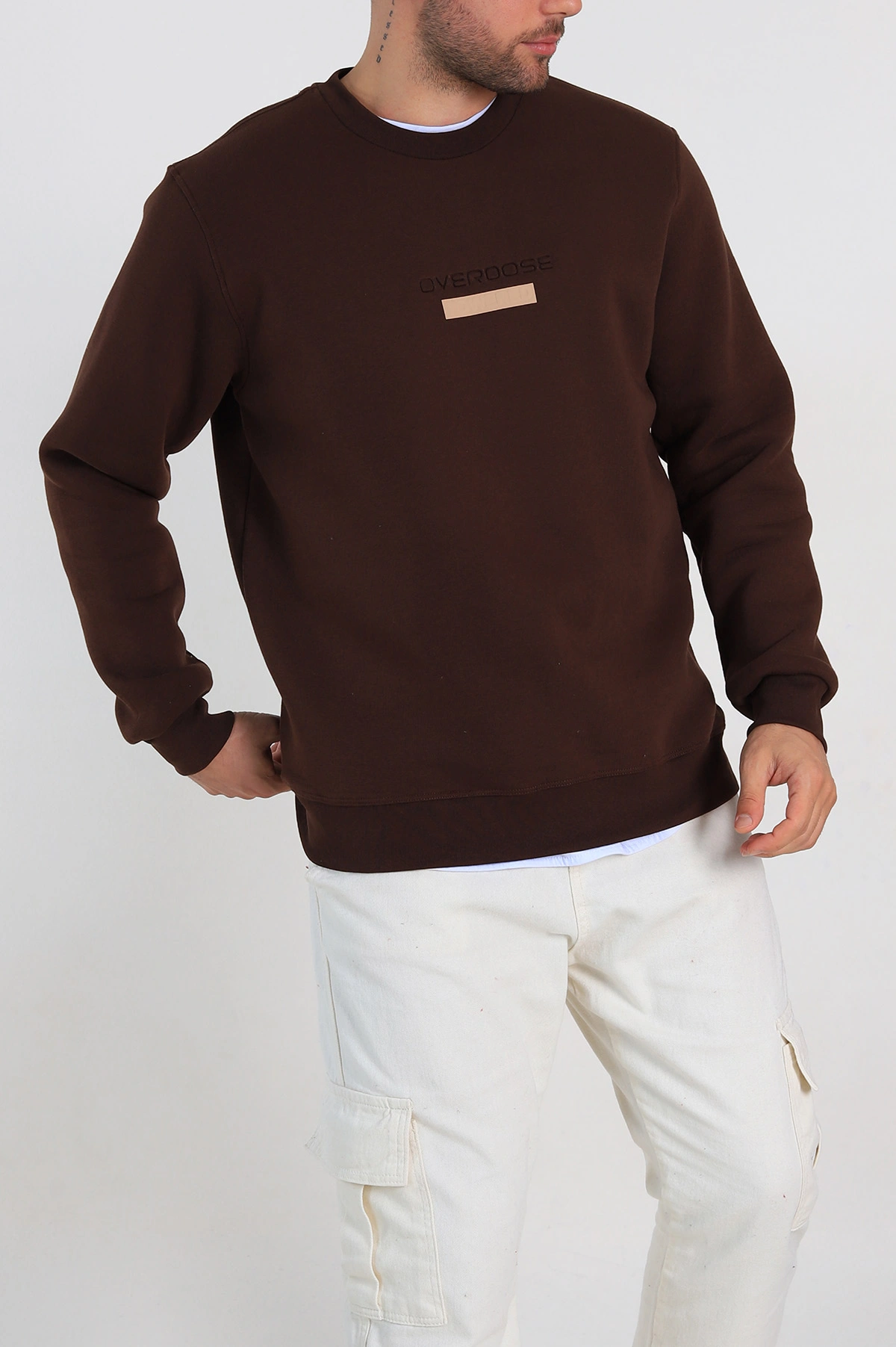 Kahverengi Relaxed Fit Üç İp Şardonlu Yazı Detaylı Erkek Sweatshirt 310487
