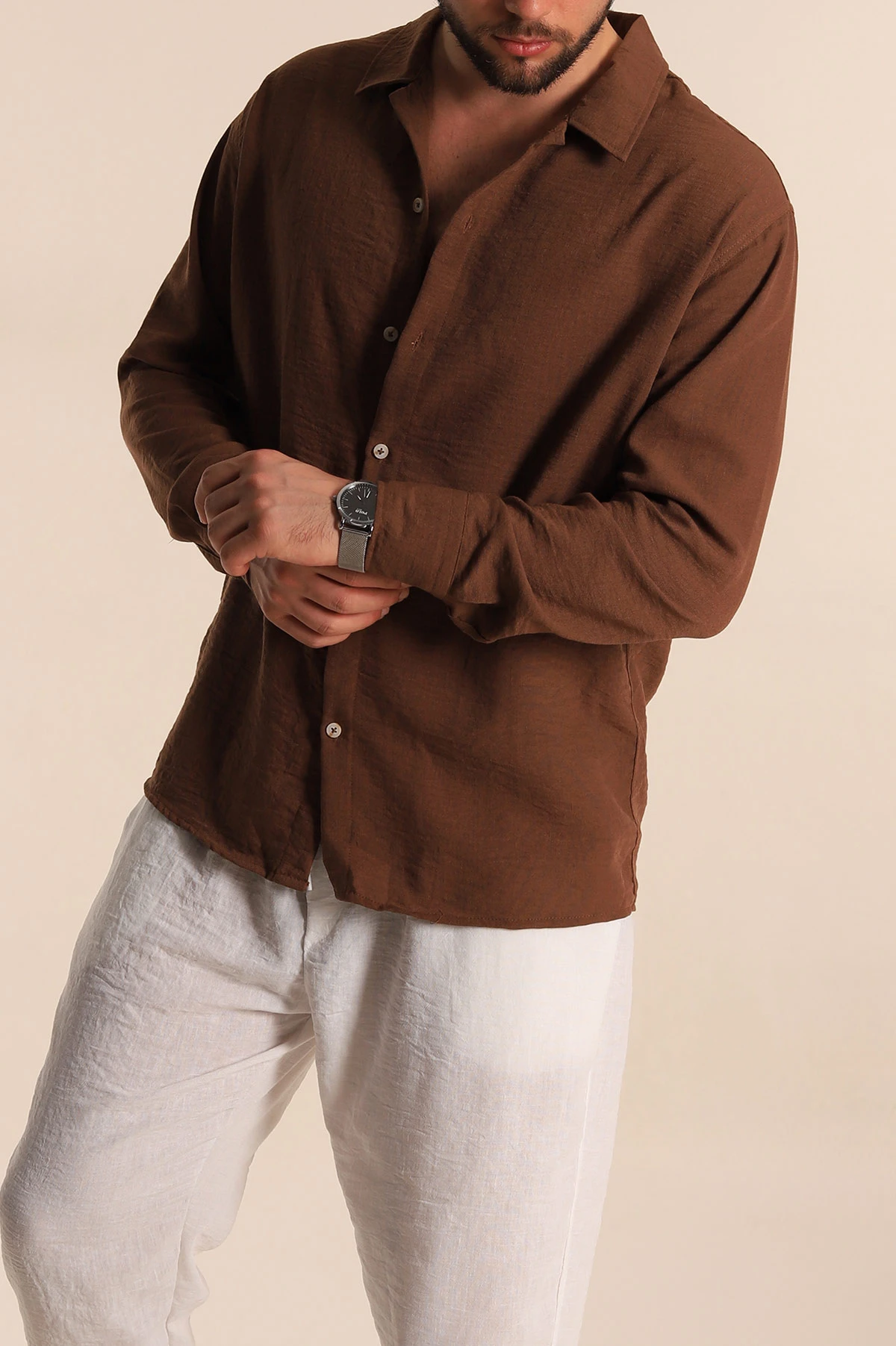 Kahverengi Relaxed Fit Uzun Kollu Keten Erkek Gömlek 275526