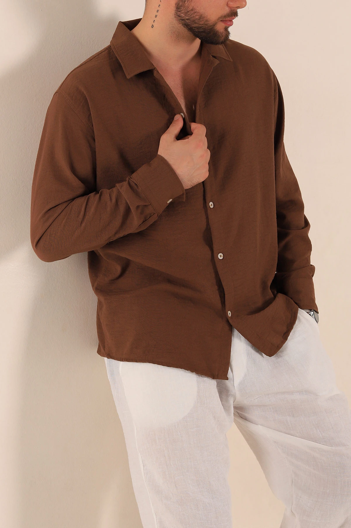 Kahverengi Relaxed Fit Uzun Kollu Keten Erkek Gömlek 275526