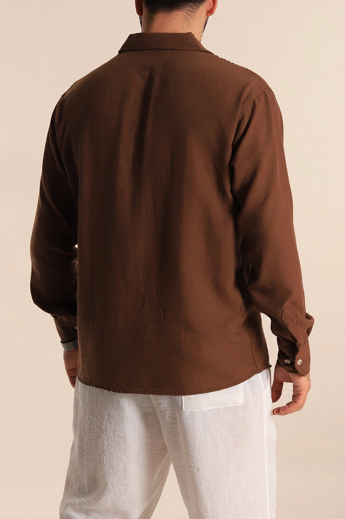 Kahverengi Relaxed Fit Uzun Kollu Keten Erkek Gömlek 275526