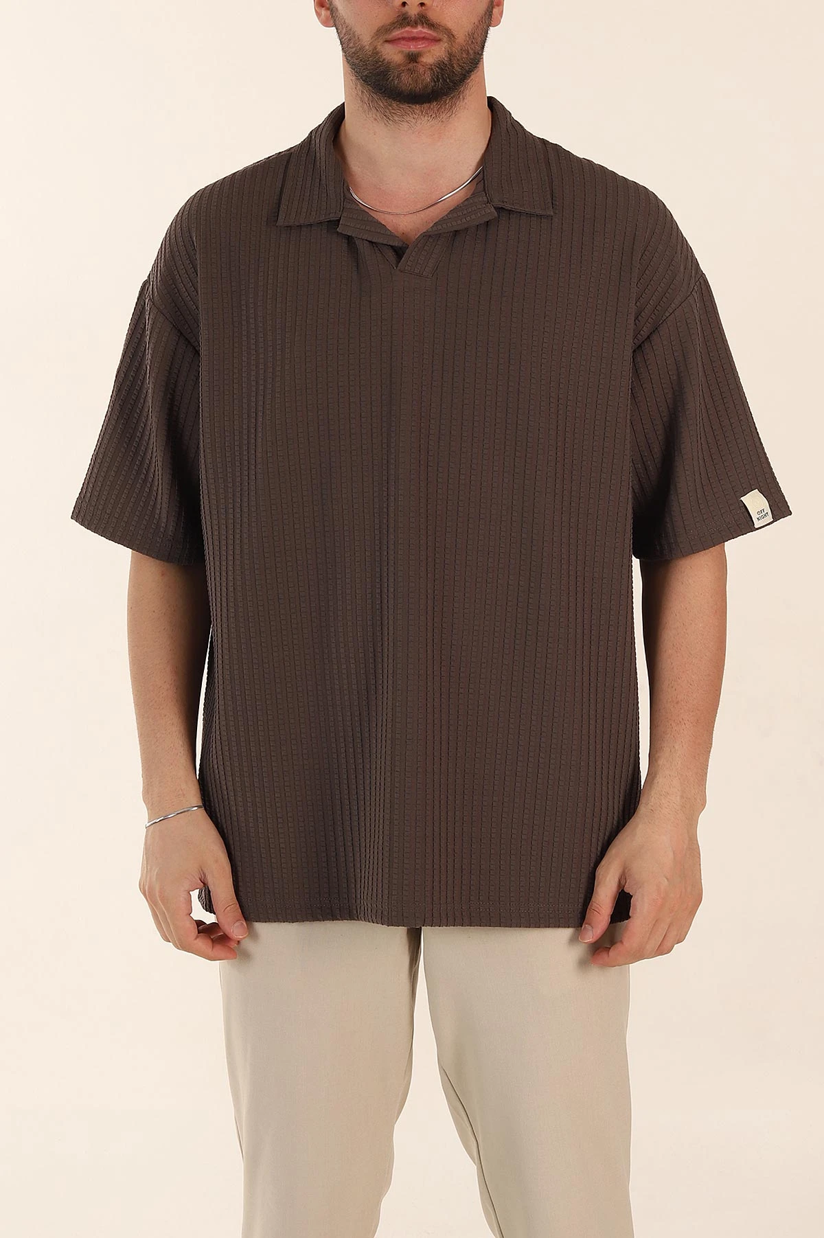 Kahverengi Relaxed Fit Waffle Dokulu Patlı Polo Yaka Erkek Tişört 370297