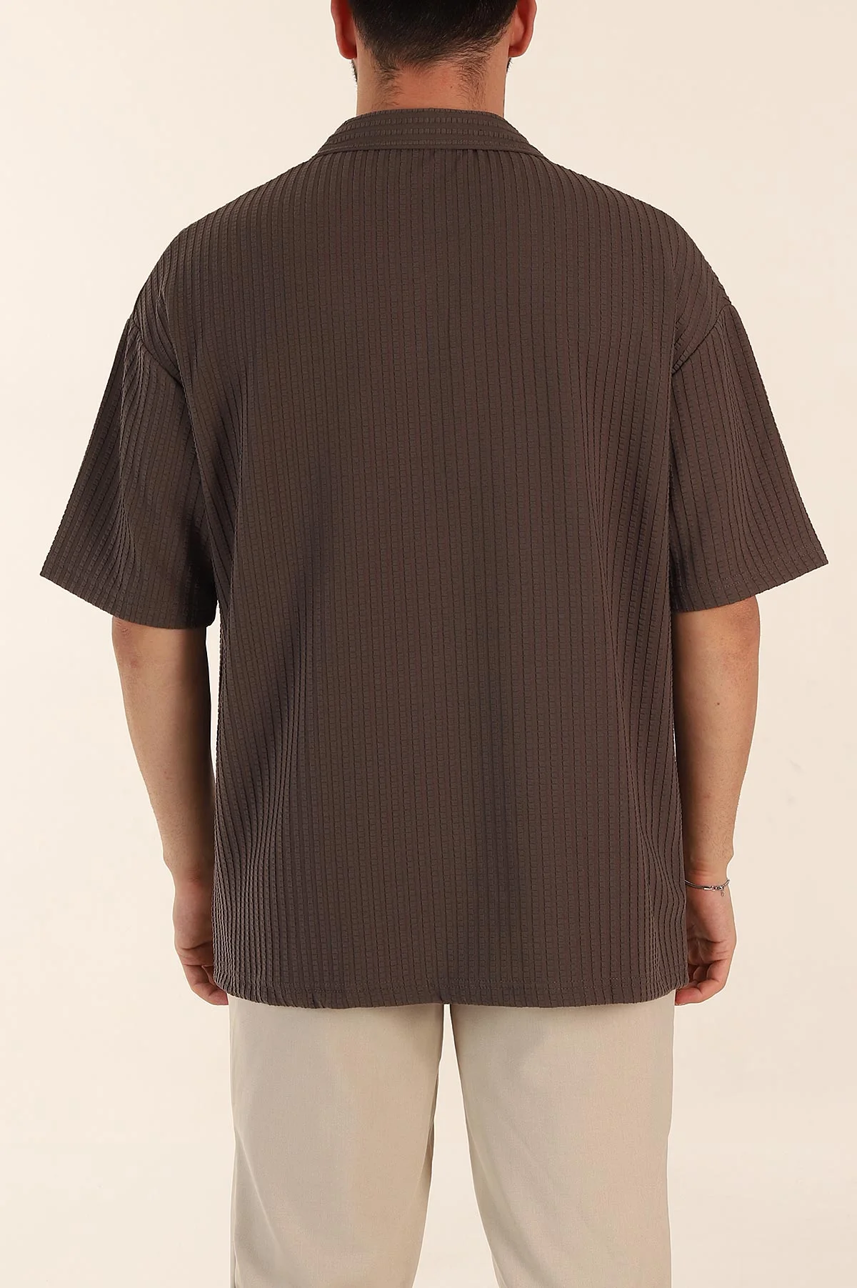 Kahverengi Relaxed Fit Waffle Dokulu Patlı Polo Yaka Erkek Tişört 370297
