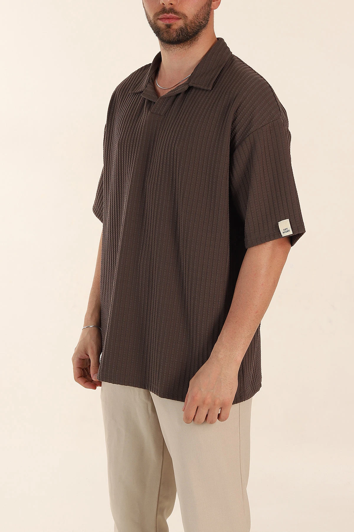 Kahverengi Relaxed Fit Waffle Dokulu Patlı Polo Yaka Erkek Tişört 370297