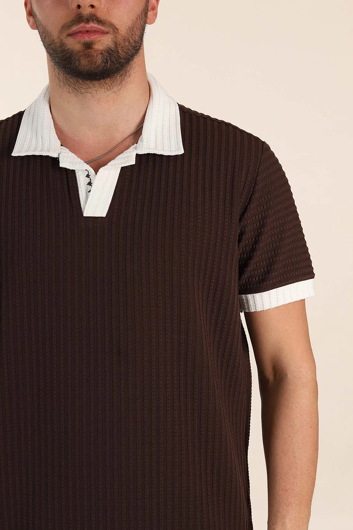 Kahverengi Relaxed Fit Waffle Dokulu Polo Yaka Erkek Tişört 370346